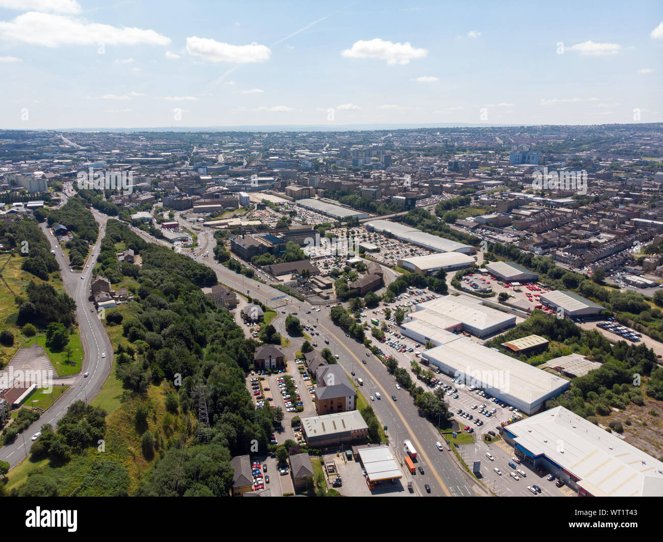 Aerial photo of the British West Yorkshire town of Bradford, showing a typical housing estate in the heart of the city, taken with a drone on a bright Stock Photo