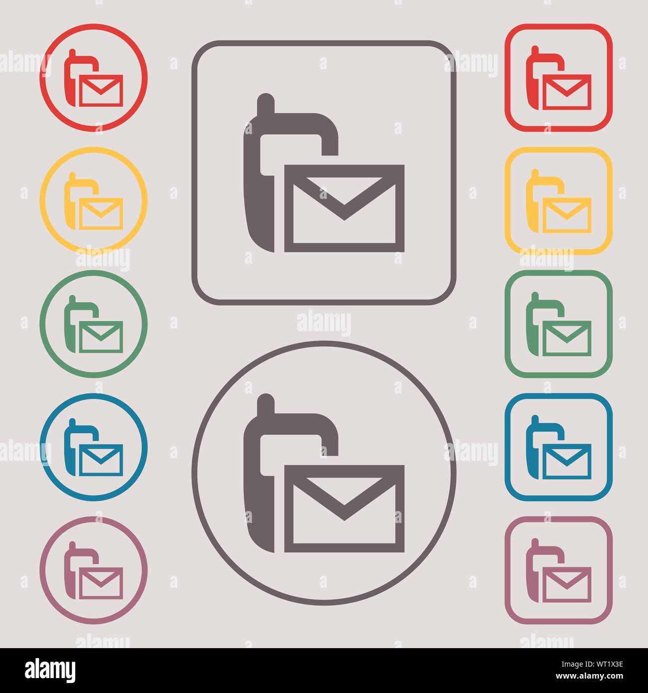 Mail icon. Envelope symbol. Message sms sign. Symbols on the Round and square buttons with frame. Vector Stock Vector