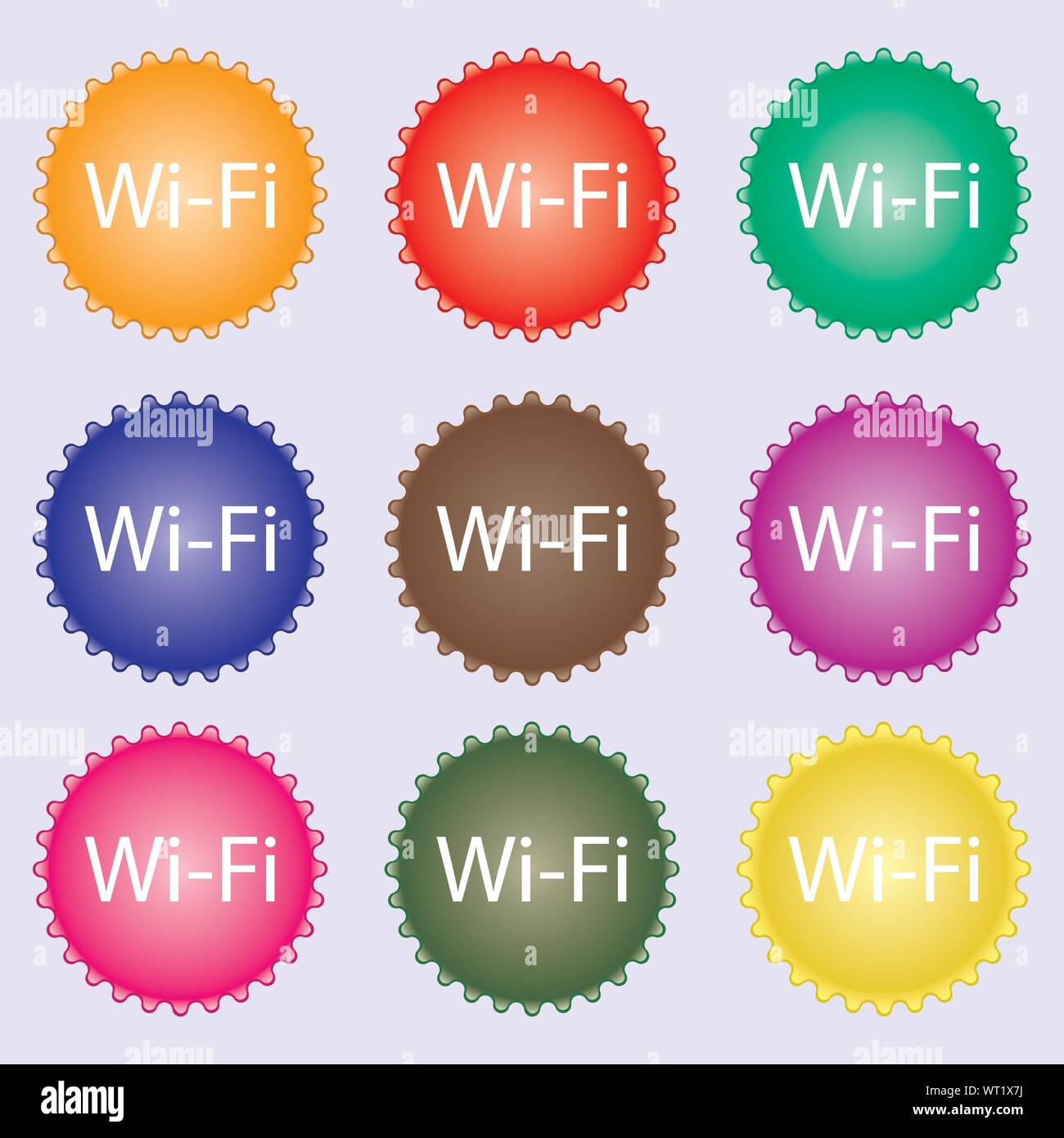 Free wifi sign. Wi-fi symbol. Wireless Network icon. A set of nine different colored labels. Vector Stock Vector