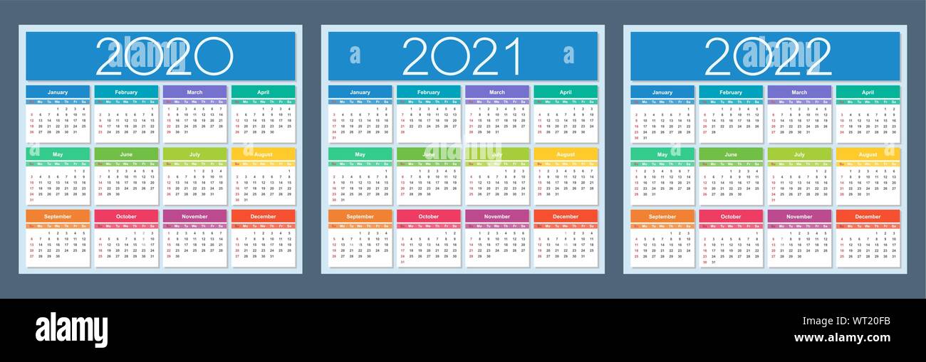 Calendar 2020 2021 2022 Colorful Set Week Starts On Sunday Isolated Vector Illustration Stock Vector Image Art Alamy tecj 2021 2022 calendar