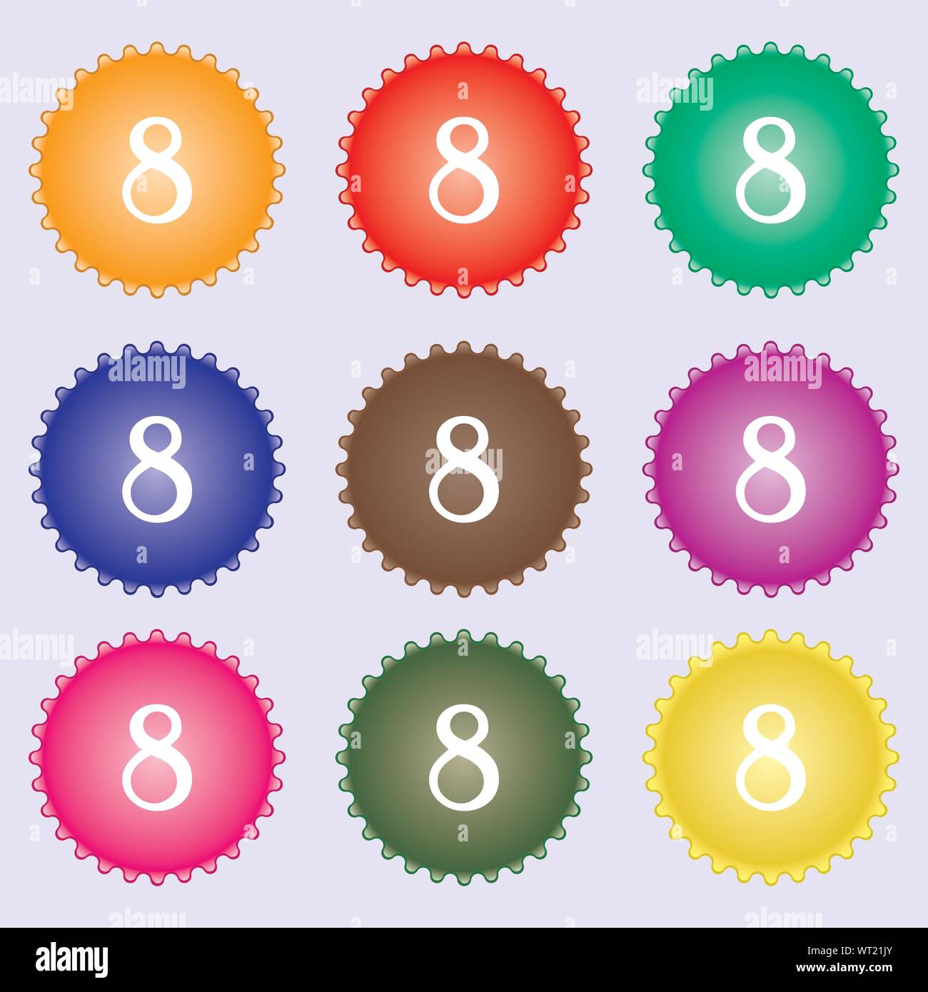 number Eight icon sign. A set of nine different colored labels. Vector Stock Vector