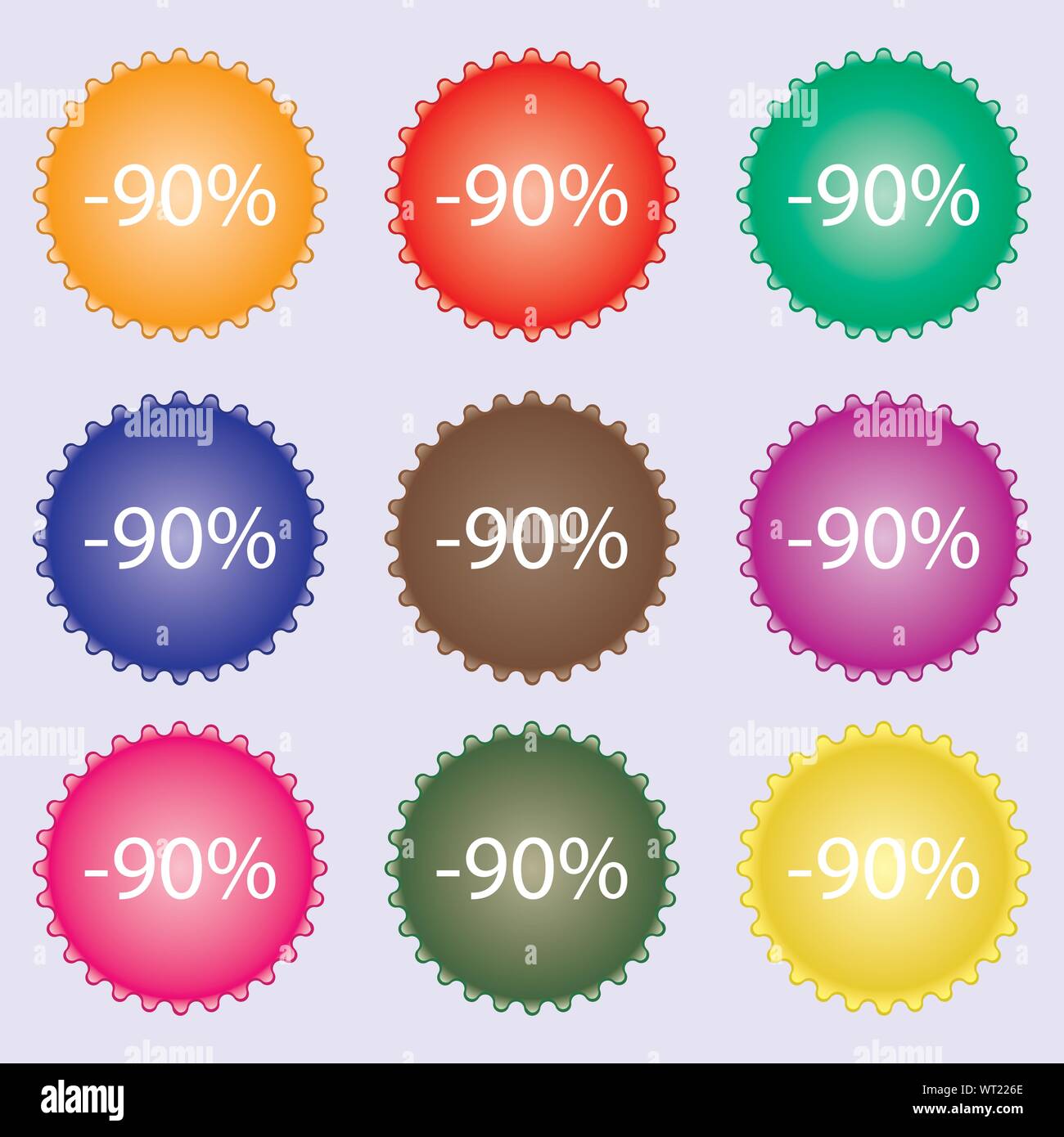 90 percent discount sign icon. Sale symbol. Special offer label. A set of nine different colored labels. Vector Stock Vector