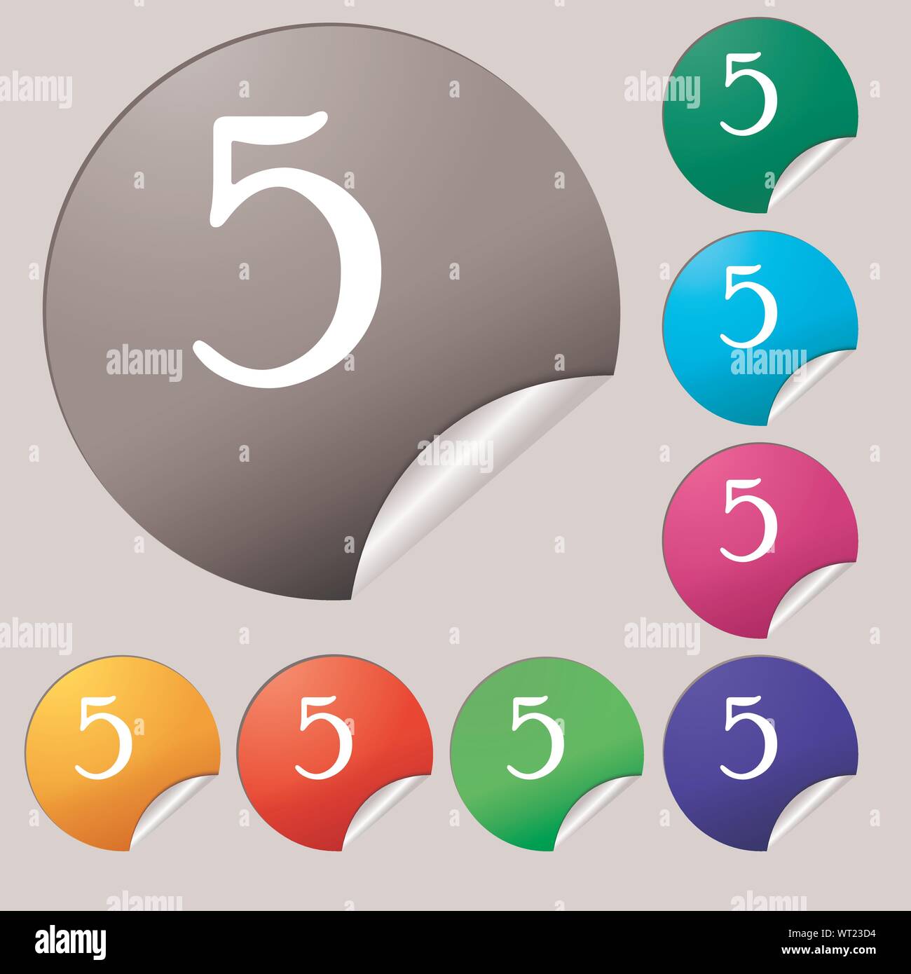 number five icon sign. Set of eight multi colored round buttons, stickers. Vector Stock Vector