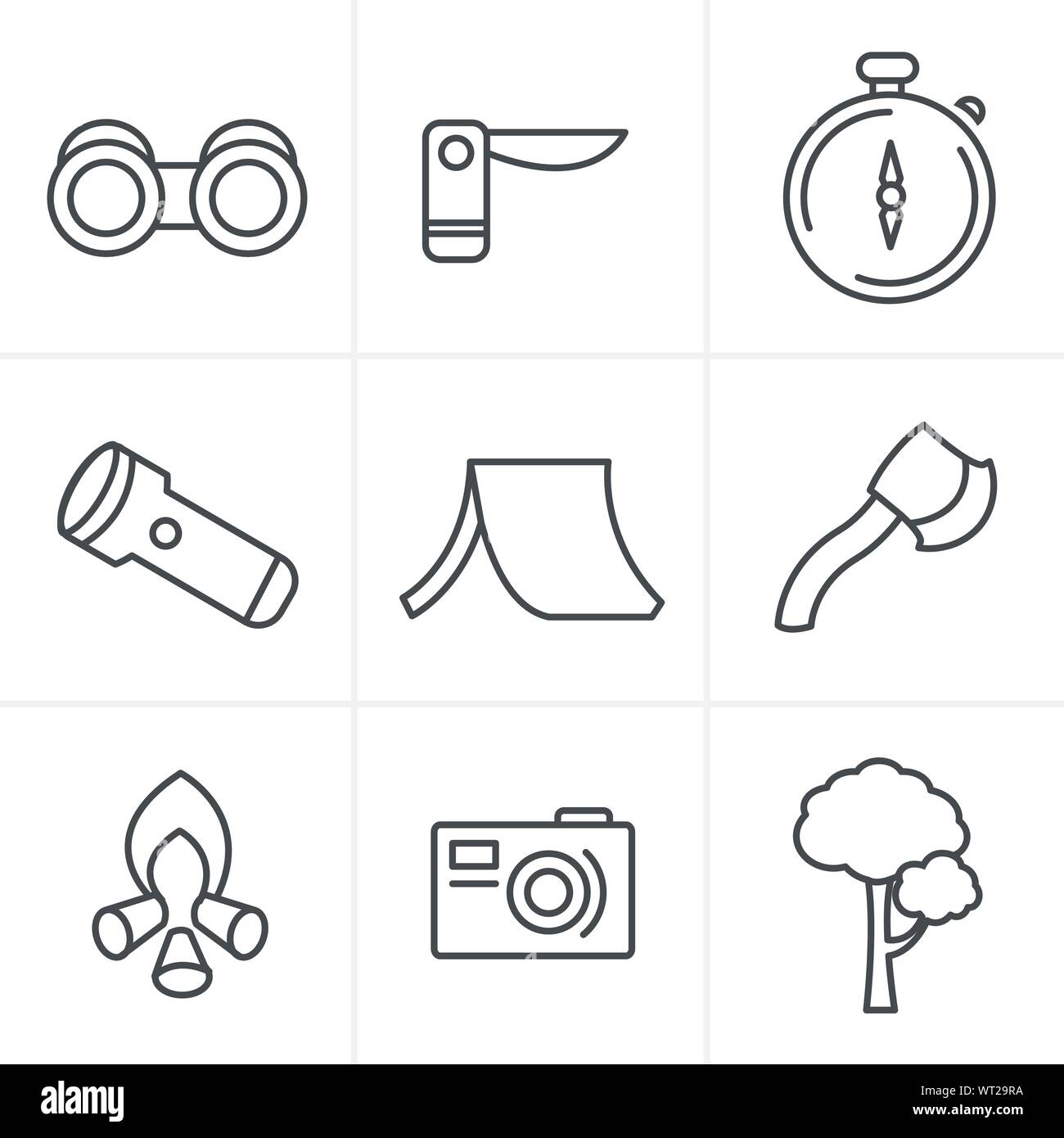 Line Icons Style vector black camping theme set on gray Stock Vector