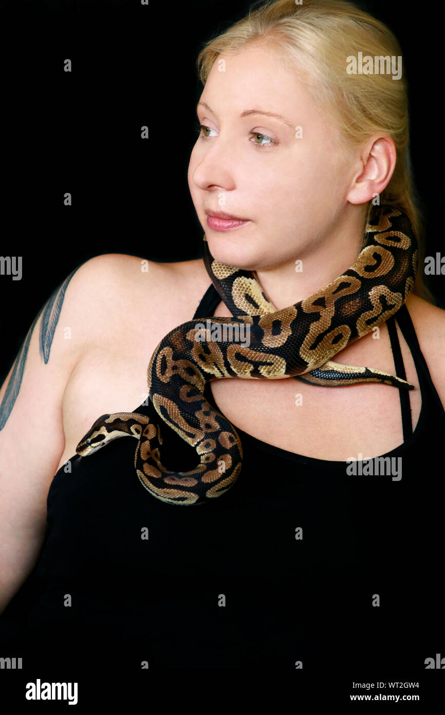 Portrait of girl with Royal Python snake. Woman holds Ball Python snake around neck and in hands, posing in front the camera. Stock Photo