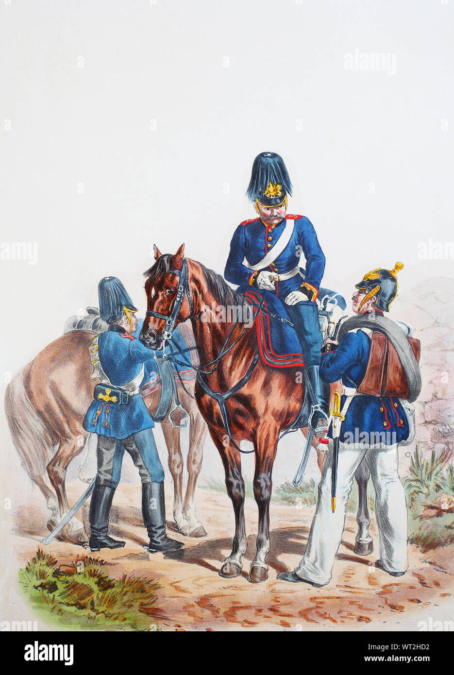 Royal Prussian Army, Guards Corps, Preußens Heer, preussische Garde, 1. Brandenburger Feld Artillerie Regiment No.3 und Niederschlesisches Fuß Artillerie Regiment No.5, Feldzeugmeister, gemeiner Soldat, Digital improved reproduction of an illustration from the 19th century Stock Photo