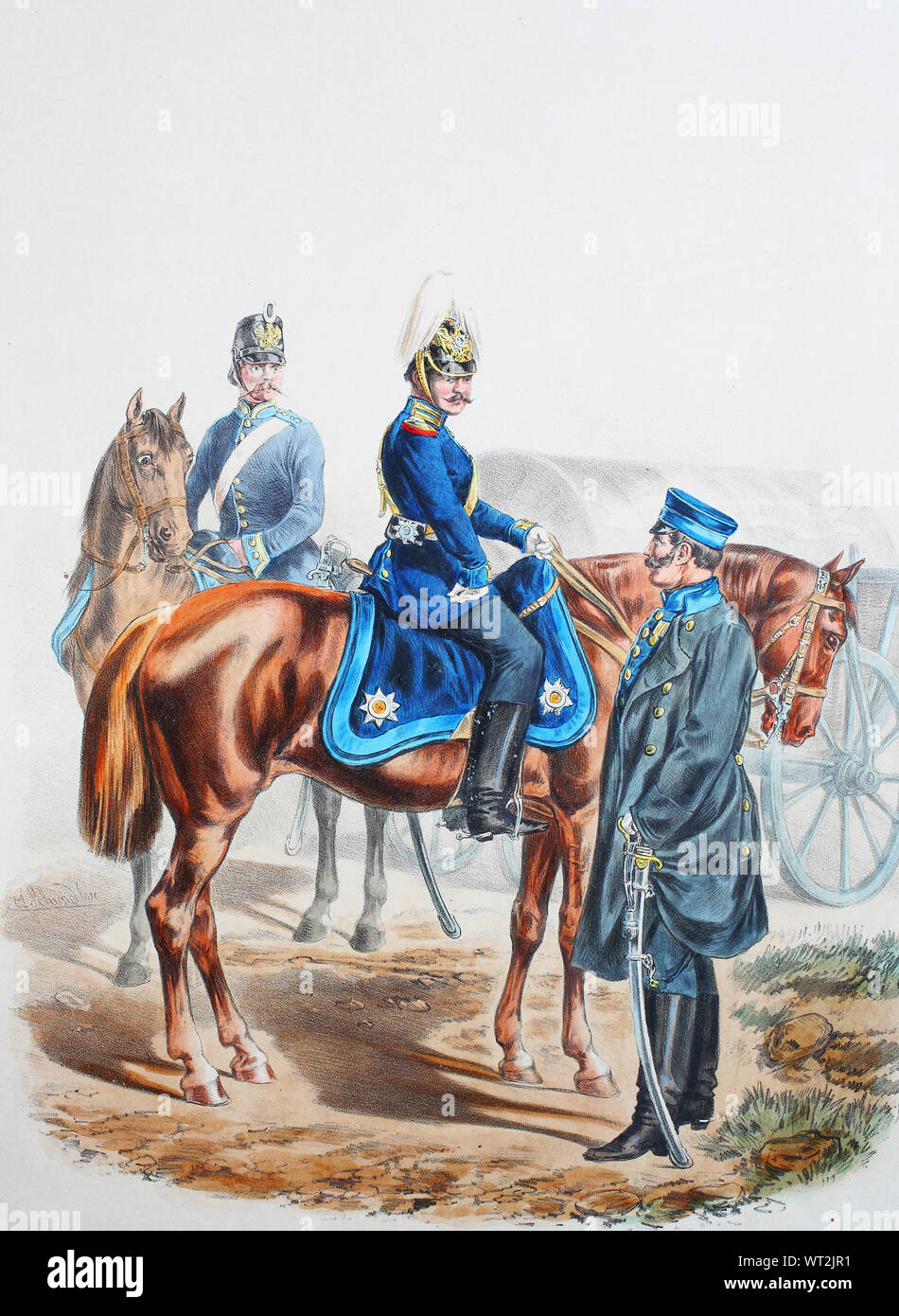 Royal Prussian Army, Guards Corps, Preußens Heer, preussische Garde, Train, Garde Train Bataillon, Garde-Train-Bataillon, Unteroffizier, Offizier, Digital improved reproduction of an illustration from the 19th century Stock Photo