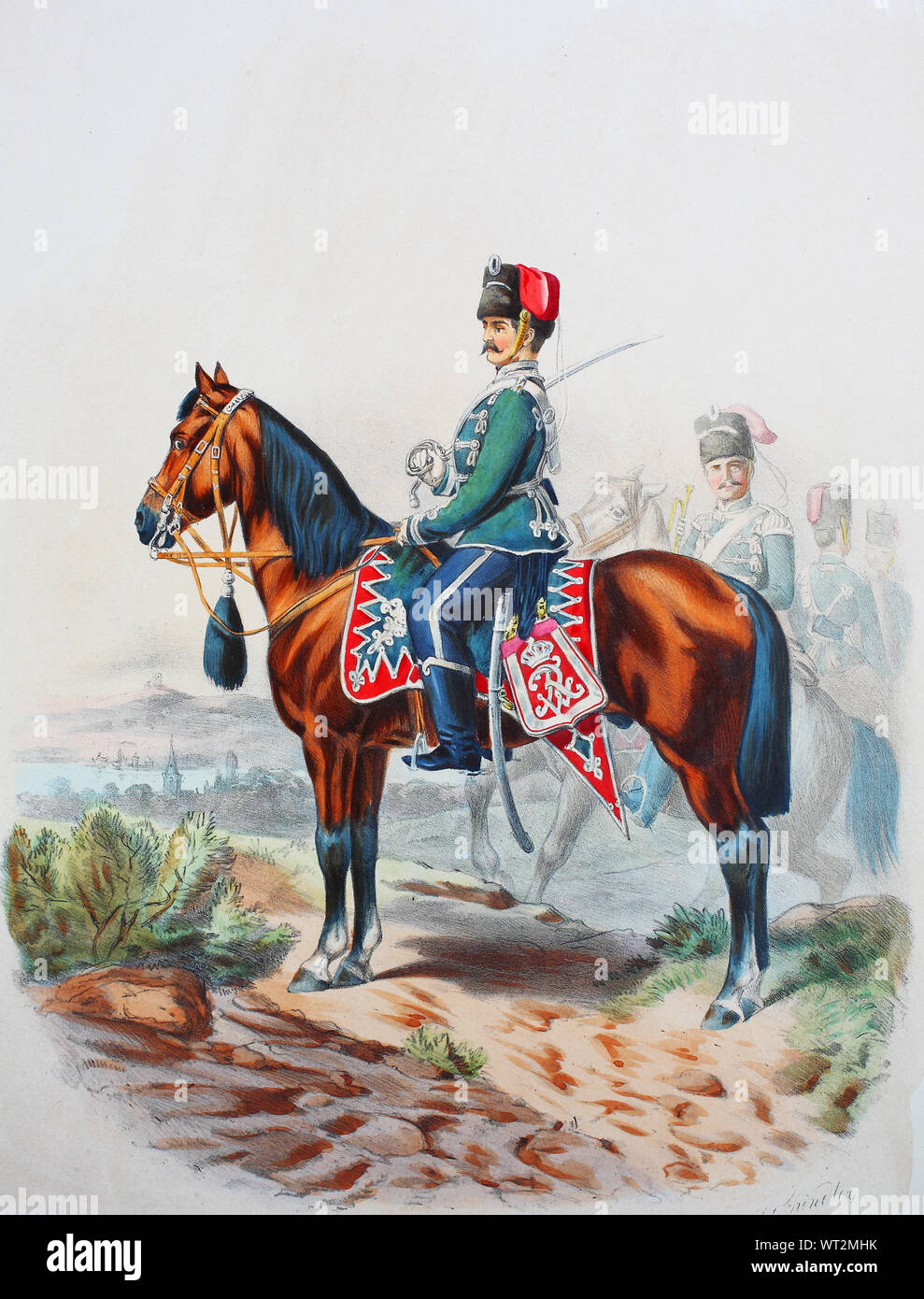 Royal Prussian Army, Guards Corps, Preußens Heer, preussische Garde, Westfälisches Husaren Regiment No.11, Offizier, Trompeter, Digital improved reproduction of an illustration from the 19th century Stock Photo