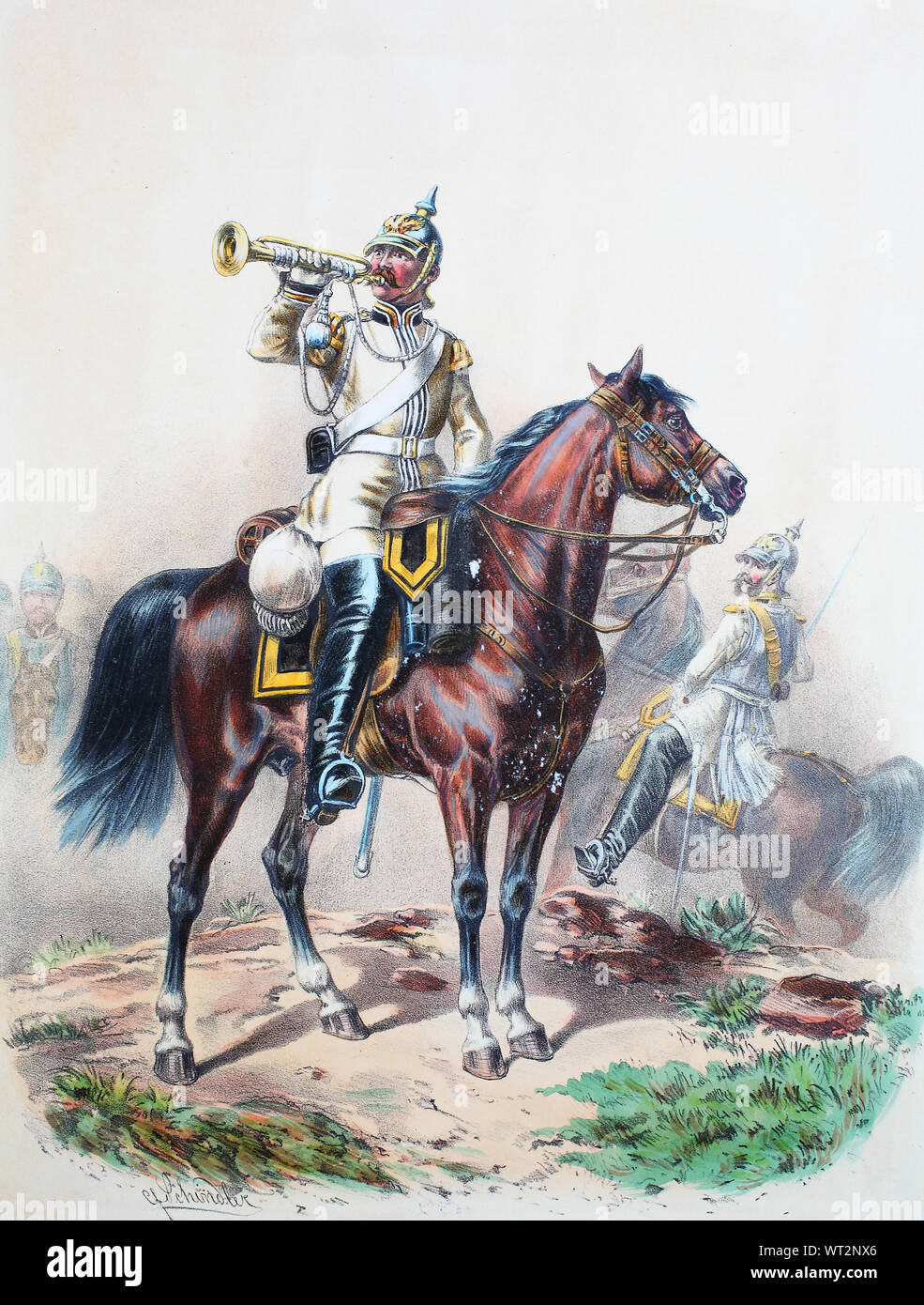 Royal Prussian Army, Guards Corps, Preußens Heer, preussische Garde, Leib Kürassier Regiment, Schlesisches No.1, Trompeter, Offizier, Digital improved reproduction of an illustration from the 19th century Stock Photo
