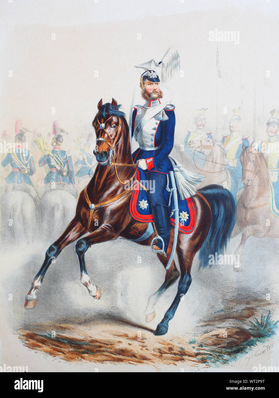Royal Prussian Army, Guards Corps, Preußens Heer, preussische Garde, Garde Ulanen Regiment, Trompeter, Offizier, gemeine Soldaten, Digital improved reproduction of an illustration from the 19th century Stock Photo