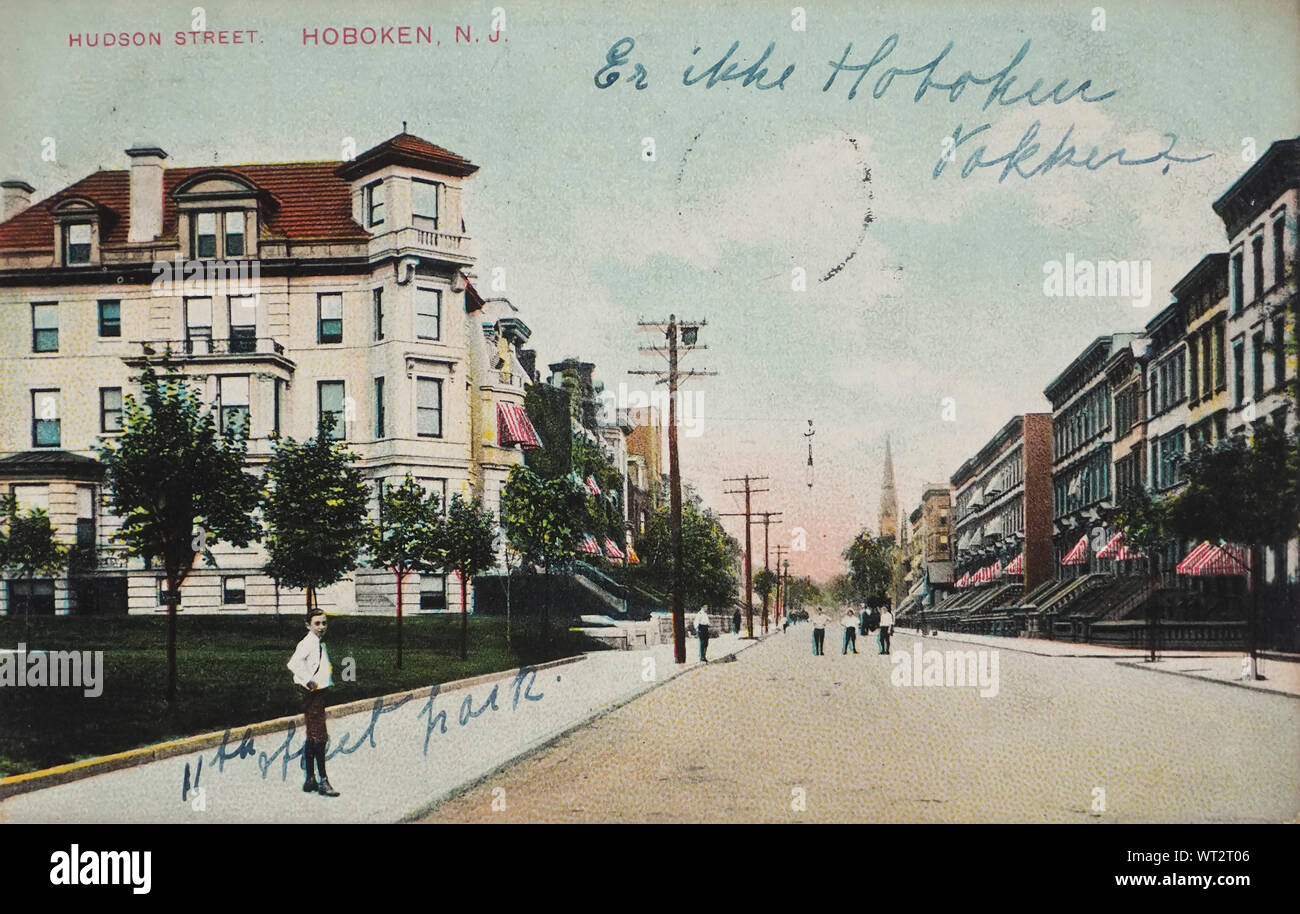 Hudson street in Hoboken New Jersey USA ca 1909, a vintage used post card with writing in Norwegian saying 'Is not Hoboken beautiful' and  11th Street Park Stock Photo