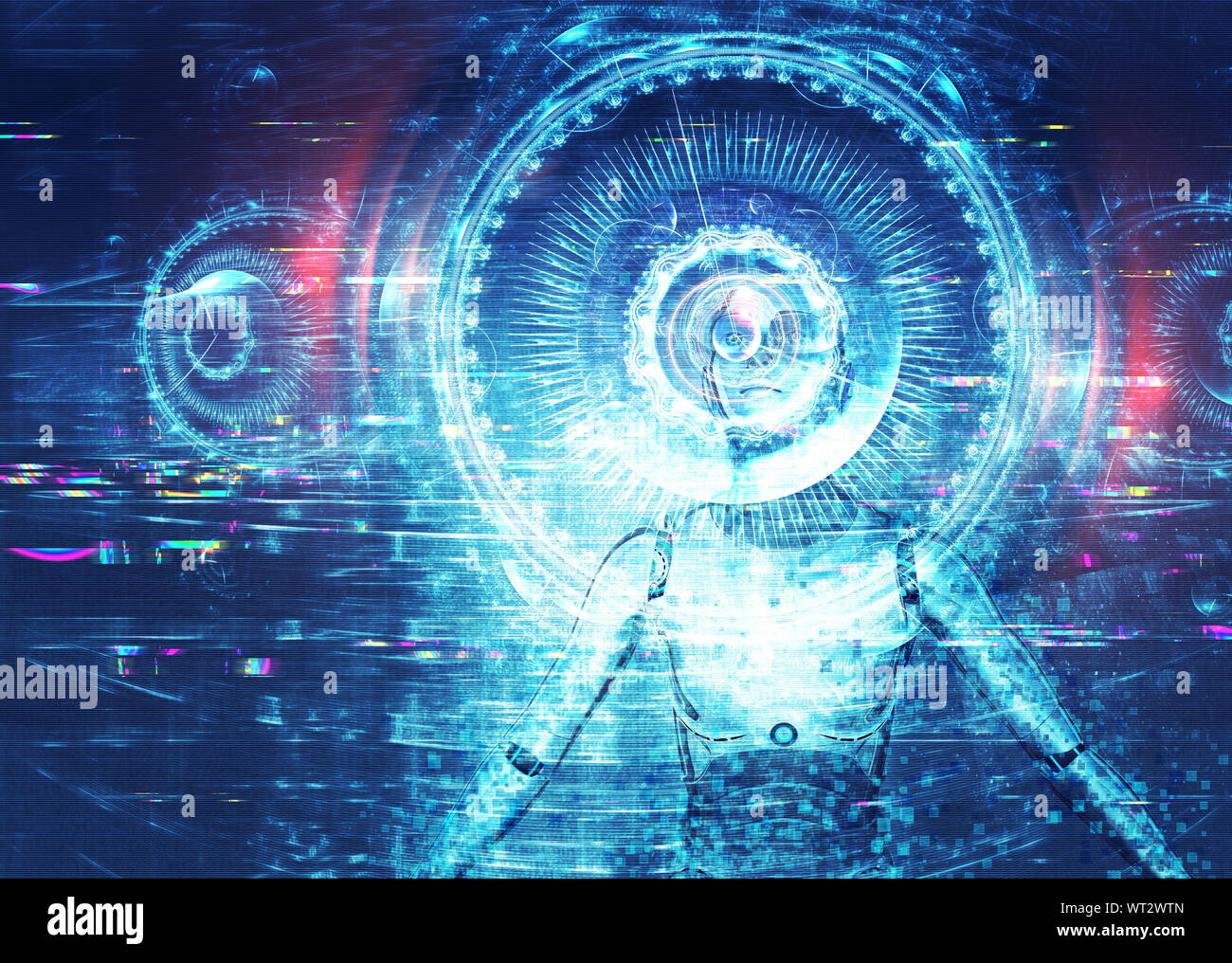 Modern futuristic background with robot, cyborg and digital interface design, 3d illustration. Stock Photo