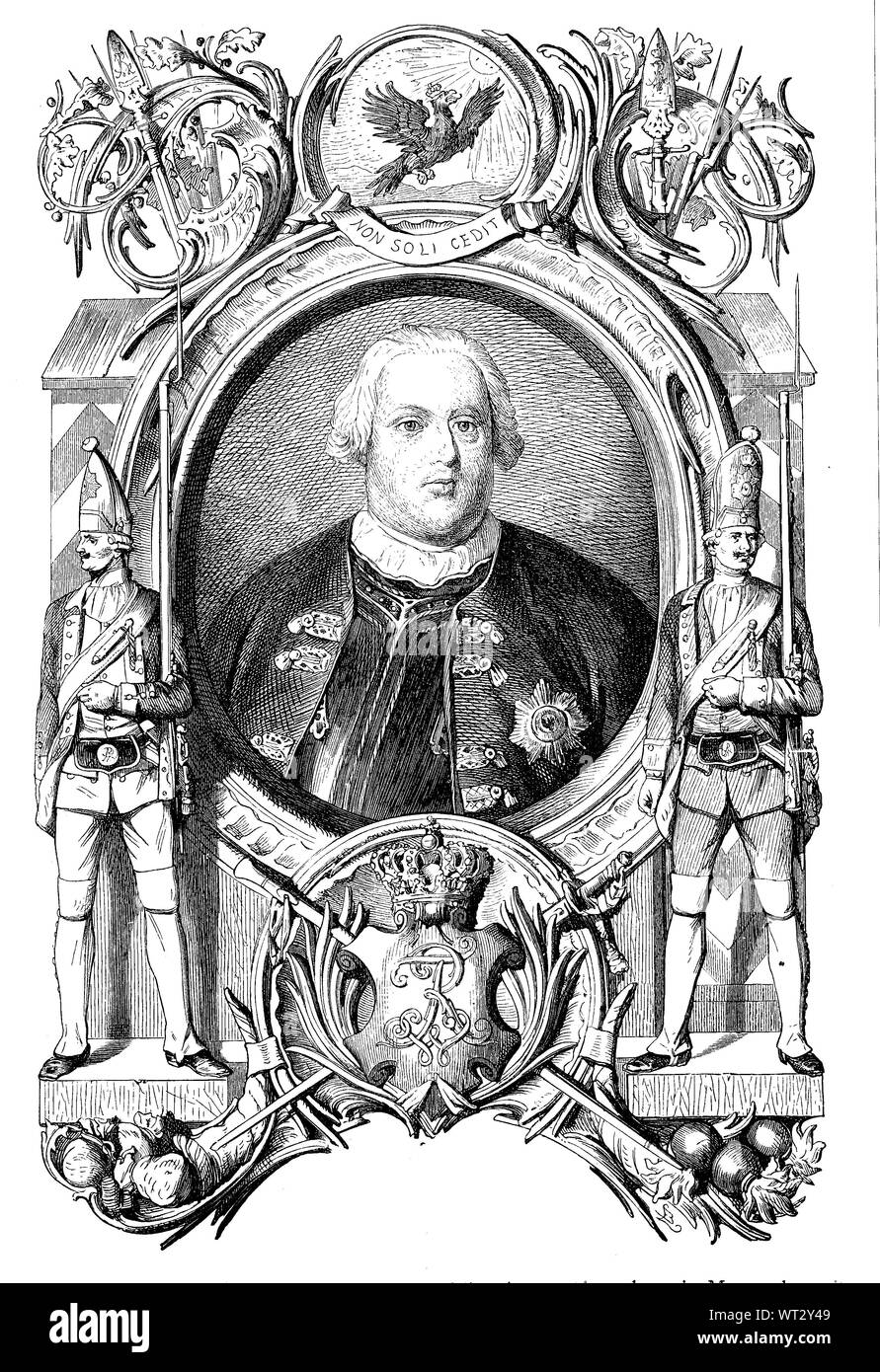 Frederick William I., known as the Soldier King, Soldatenkönig, was the King in Prussia and Elector of Brandenburg. Friedrich Wilhelm I. aus dem Haus Hohenzollern, 1688-1740, war von 1713 bis zu seinem Tod König in Preußen, Digital improved reproduction of an illustration from the 19th century Stock Photo