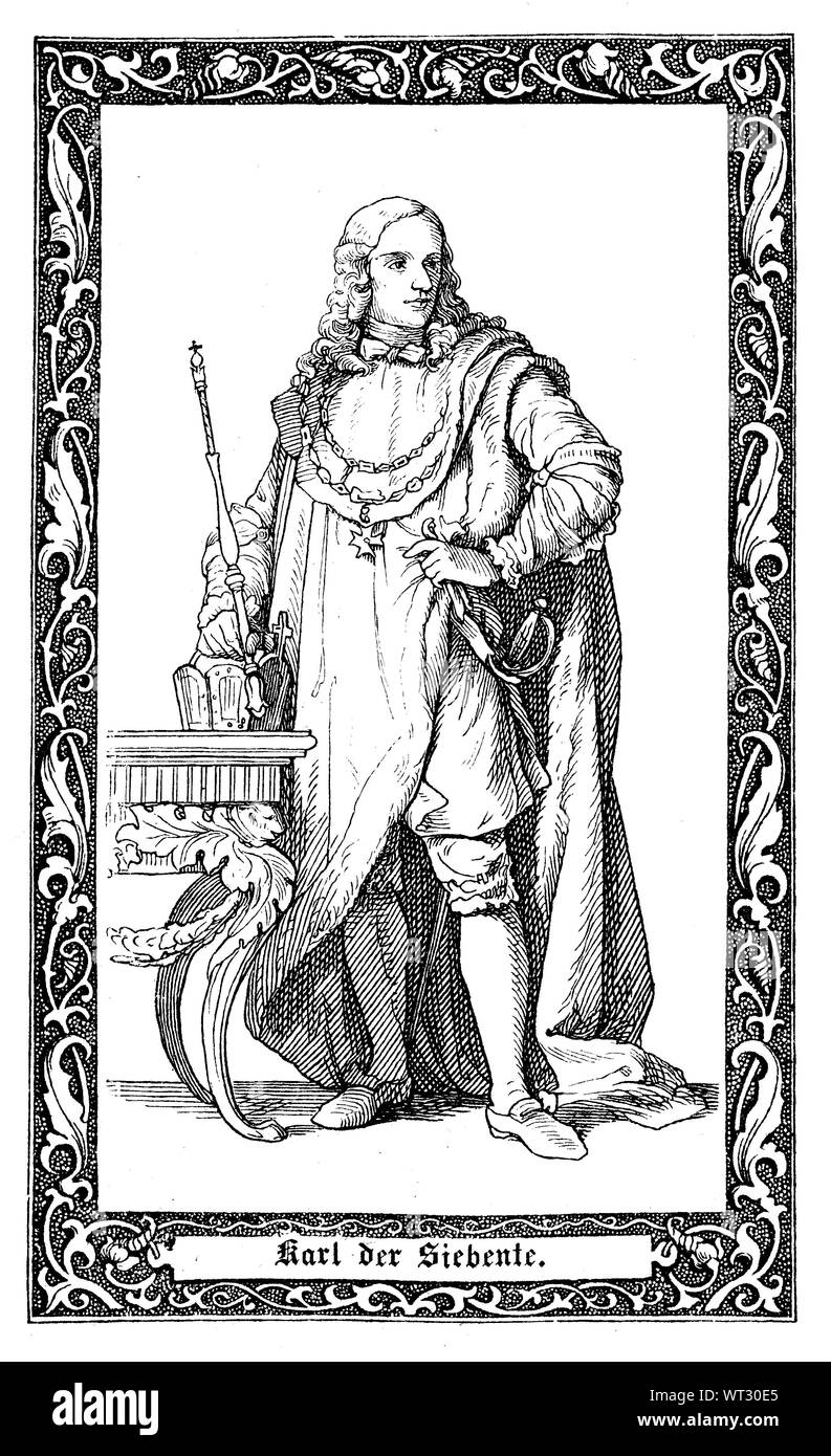 Charles VII., 1697-1745, the Prince-elector of Bavaria from 1726 and Holy Roman Emperor from 24 January 1742 until his death in 1745. Karl Albrecht von Bayern, ab 1742 als Karl VII. Kaiser des Heiligen Römischen Reiches, Digital improved reproduction of an illustration from the 19th century Stock Photo