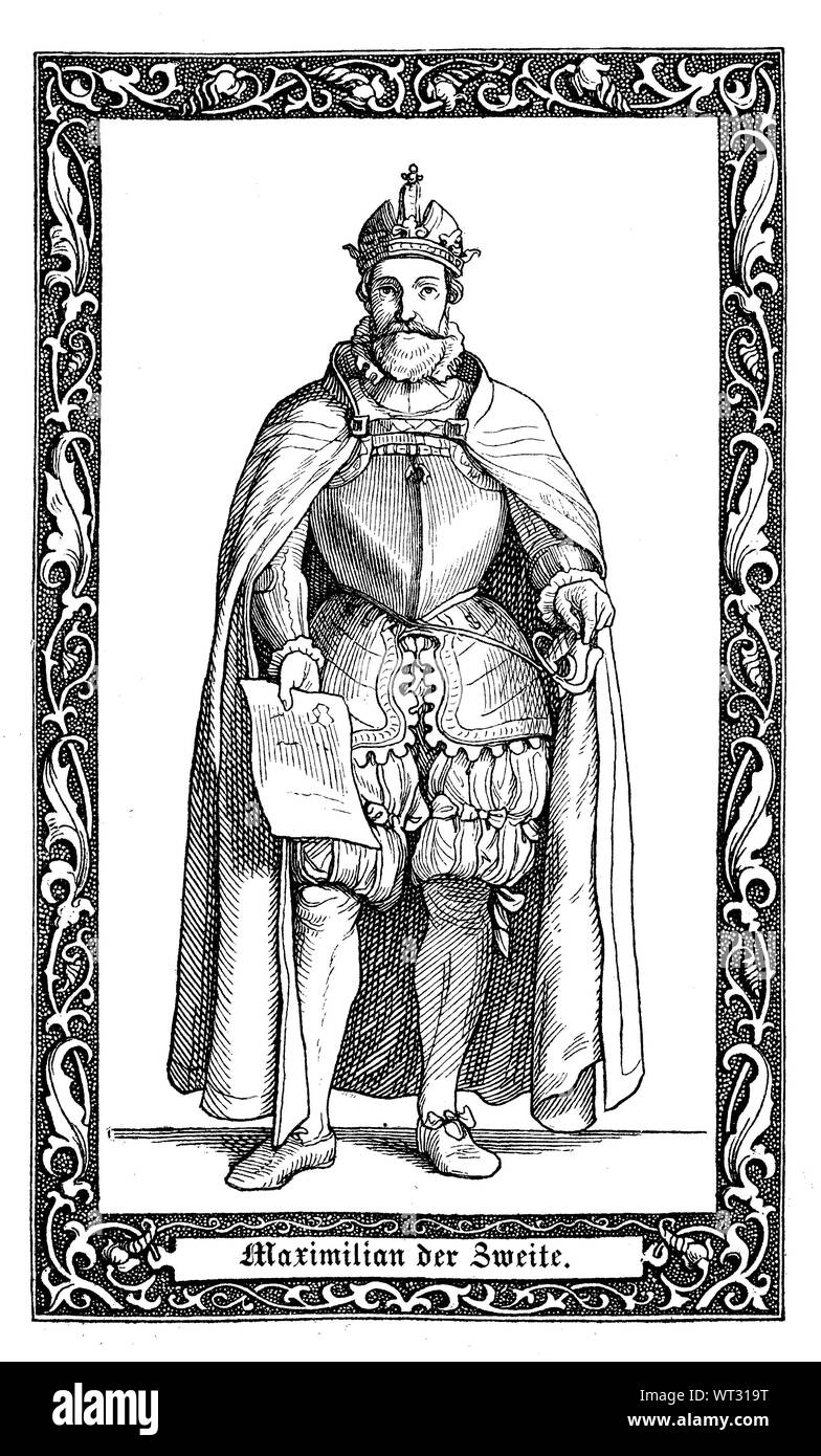 Maximilian II., a member of the Austrian House of Habsburg, was Holy Roman Emperor from 1564 until his death. Maximilian II., 1527-1576, auch Maximilian der Andere, war Kaiser des Heiligen Römischen Reiches Deutscher Nation, Digital improved reproduction of an illustration from the 19th century Stock Photo