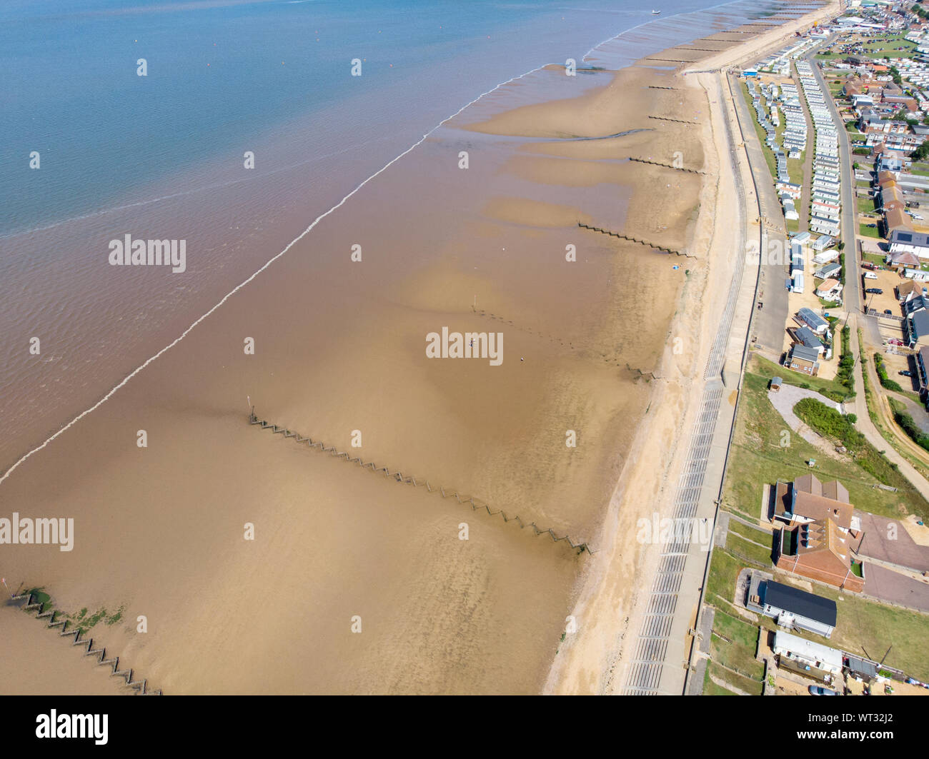 Aerial photo of the British seaside town of Hunstanton in Norfolk showing the coastal area and beach and alsop the caravan holiday park. Stock Photo
