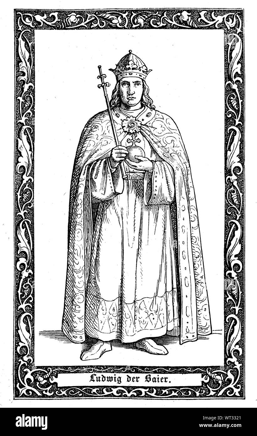 Louis IV., called the Bavarian, house of Wittelsbach, was King of the Romans from 1314, Holy Roman Emperor from 1328. Ludwig IV., Ludwig der Bayer, 1282-1347, Haus Wittelsbach war ab 1314 römisch-deutscher König und ab 1328 Kaiser im Heiligen Römischen Reich, Digital improved reproduction of an illustration from the 19th century Stock Photo