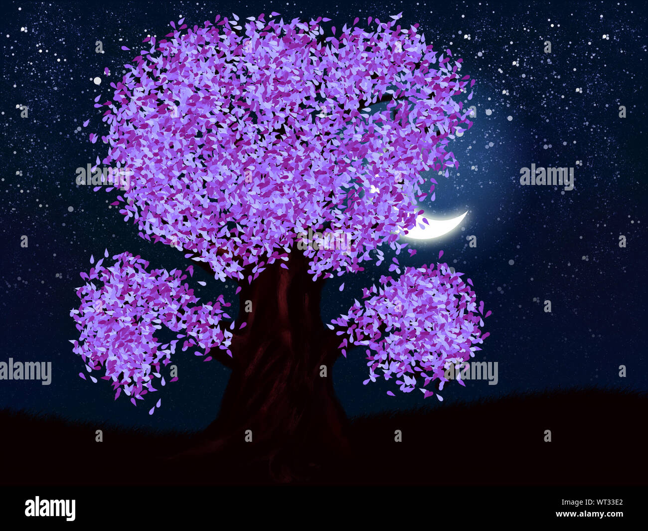 Abstract digital illustration of violet fantasy tree at night Stock
