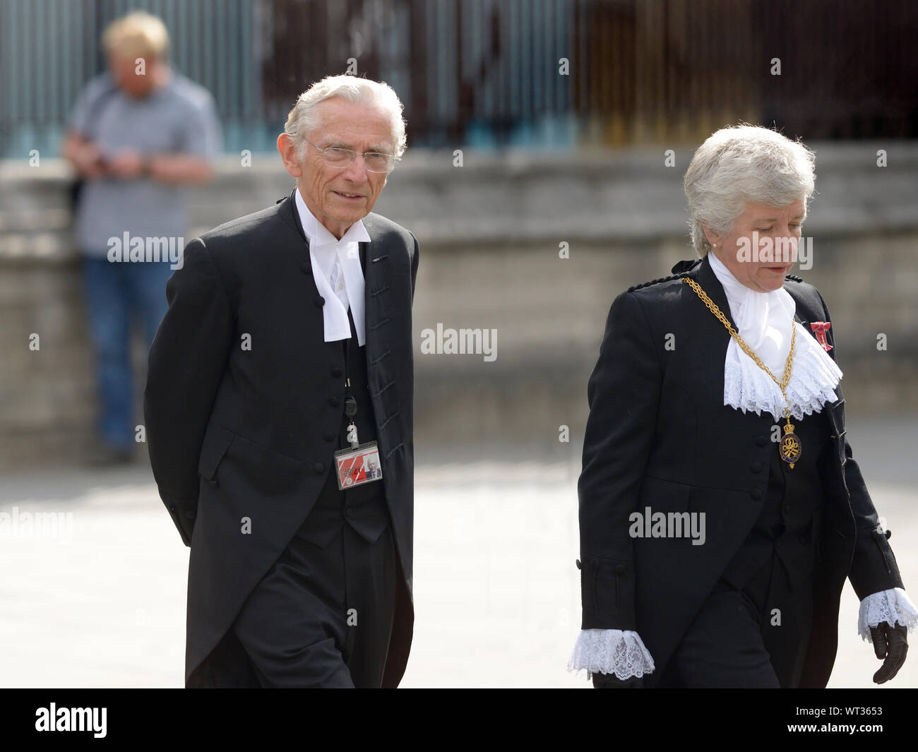 Norman Fowler, Baron Fowler - Speaker in the House of Lords (centre) with Sarah Clarke 'Black Rod' (Lady Usher of the Black Rod) walking from Parliame Stock Photo