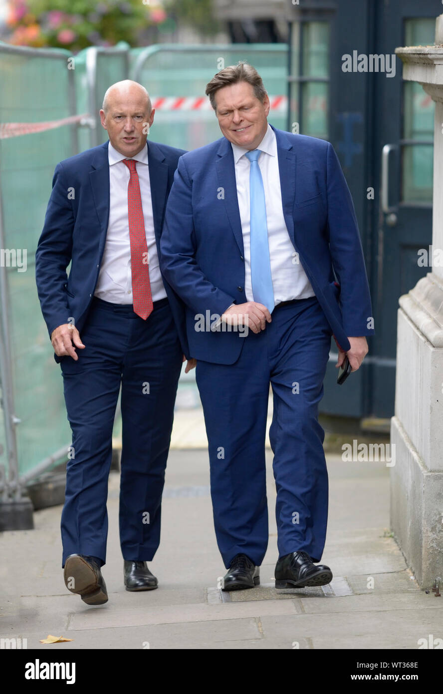 John Stevenson MP (Carlisle) and Stephen Kerr MP (Stirling) arrive in Downing Street for a gathering at Number 10, 2nd September 2019. Stock Photo