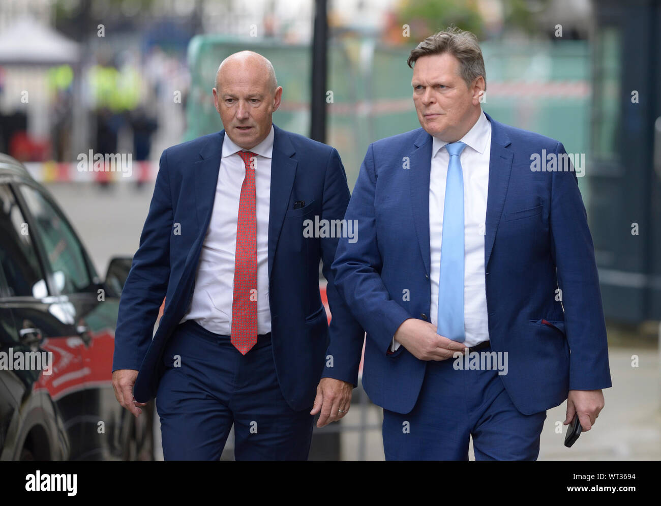 John Stevenson MP (Carlisle) and Stephen Kerr MP (Stirling) arrive in Downing Street for a gathering at Number 10, 2nd September 2019. Stock Photo