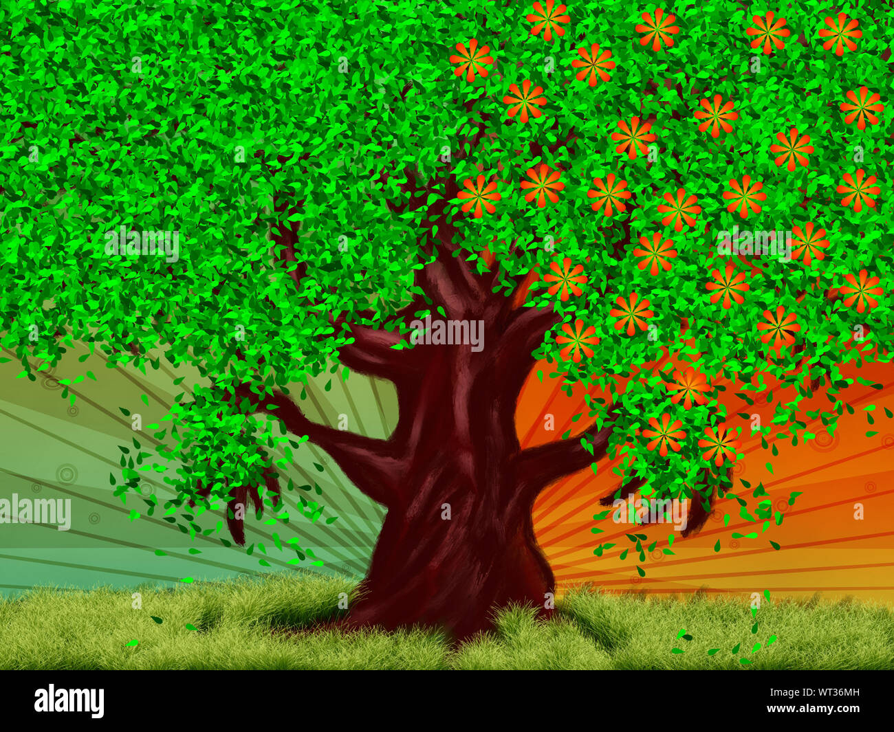 Abstract digital illustration of big fantasy tree at spring and summer ...