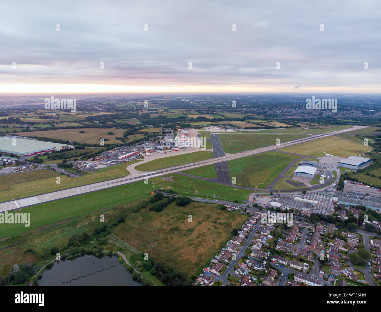 Aerial photo of the famous Leeds and Bradford airport located in the Yeadon area of West Yorkshire in the UK, typical British airport showing the runw Stock Photo