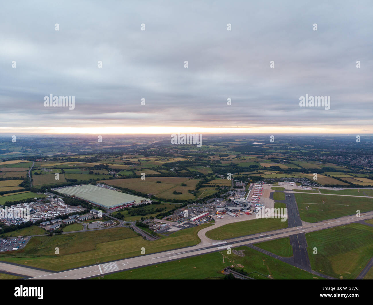 Aerial photo of the famous Leeds and Bradford airport located in the Yeadon area of West Yorkshire in the UK, typical British airport showing the runw Stock Photo