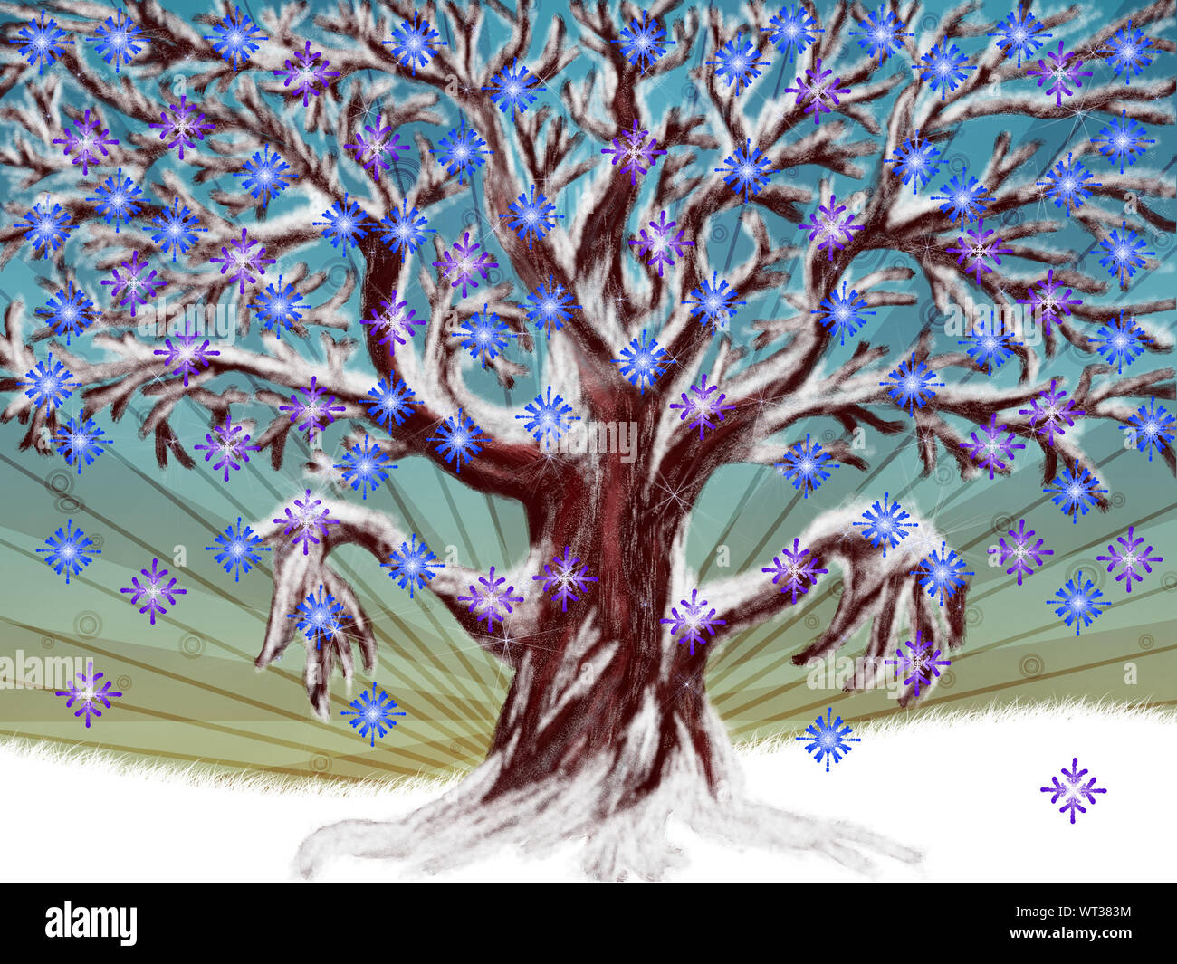 Illustration of season tree with colorful snowflakes background Stock ...
