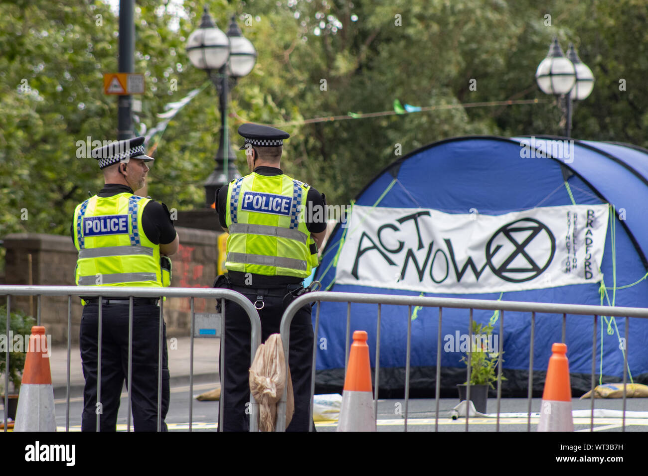 Leeds UK, 18th July 2019: The Extinction Rebellion Protest located in the Leeds City Centre on Victoria Bridge showing West Yorkshire Police officers Stock Photo
