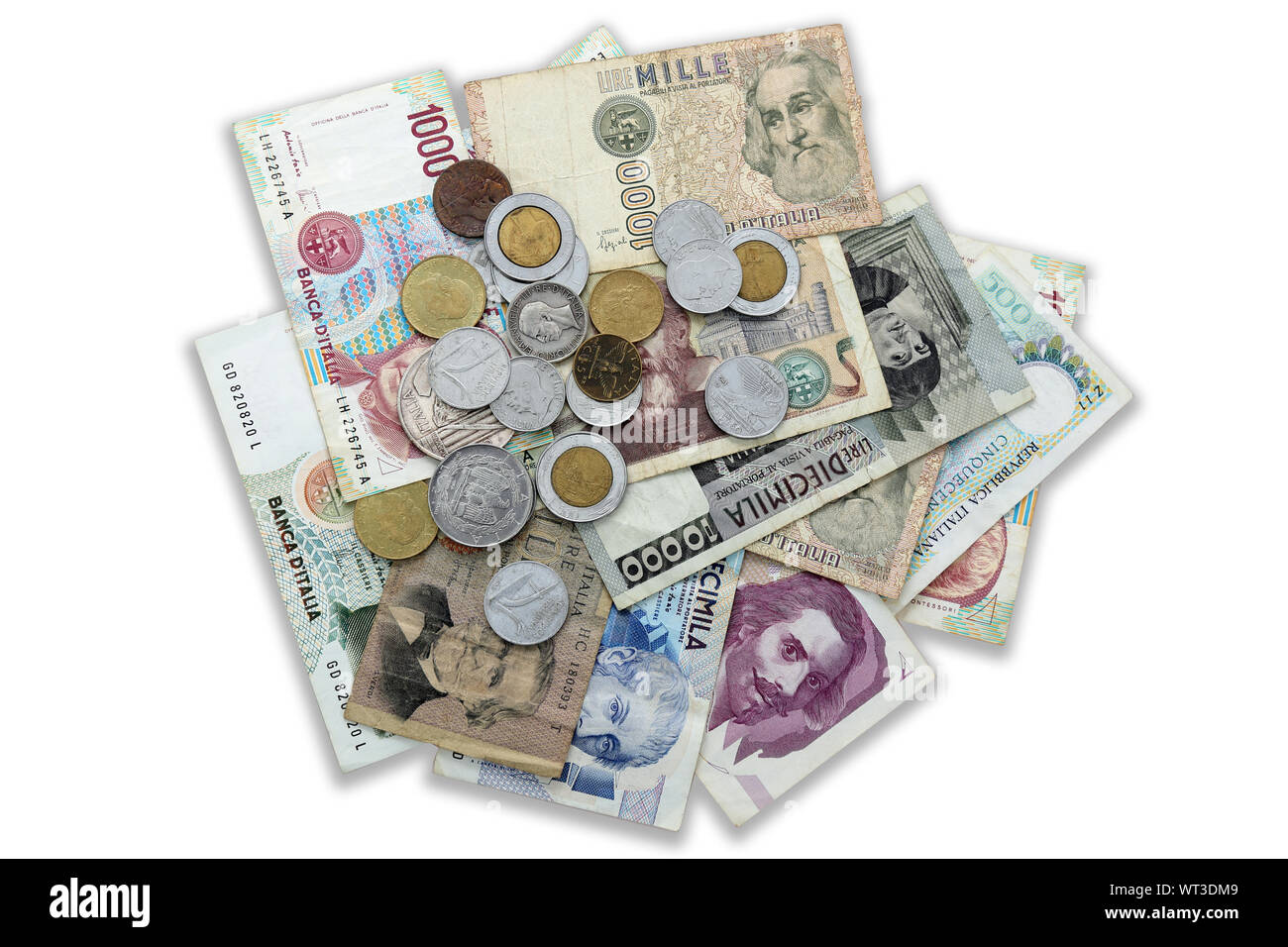 the Italian lira, the old banknotes and coins replaced by euro Stock Photo