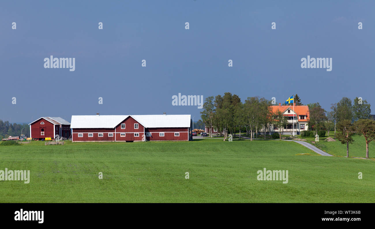 FRÖSÖN, SWEDEN ON JUNE 06, 2019. View of meadows, hills and a farm in ...