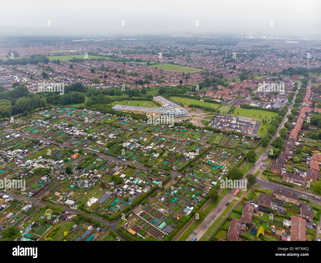 Aerial photo of the UK town of Middlesbrough a large post-industrial town on the south bank of the River Tees in the county of North Yorkshire, Englan Stock Photo