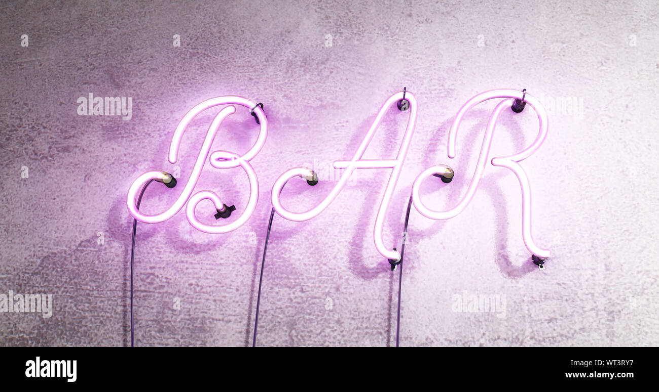 Neon sign saying the word Bar, pub sign on a concrete wall Stock Photo