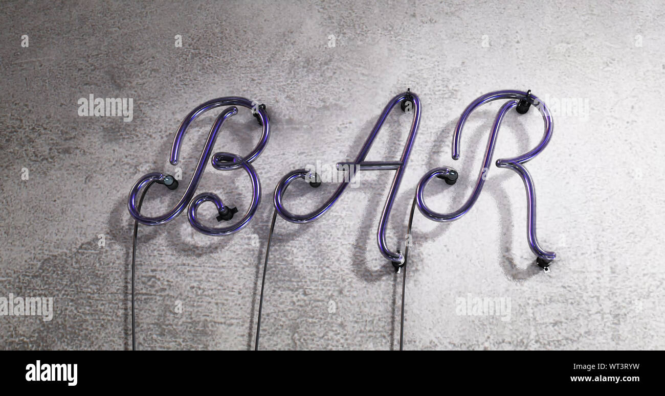 Turned off neon sign saying the word Bar, pub sign on a concrete wall