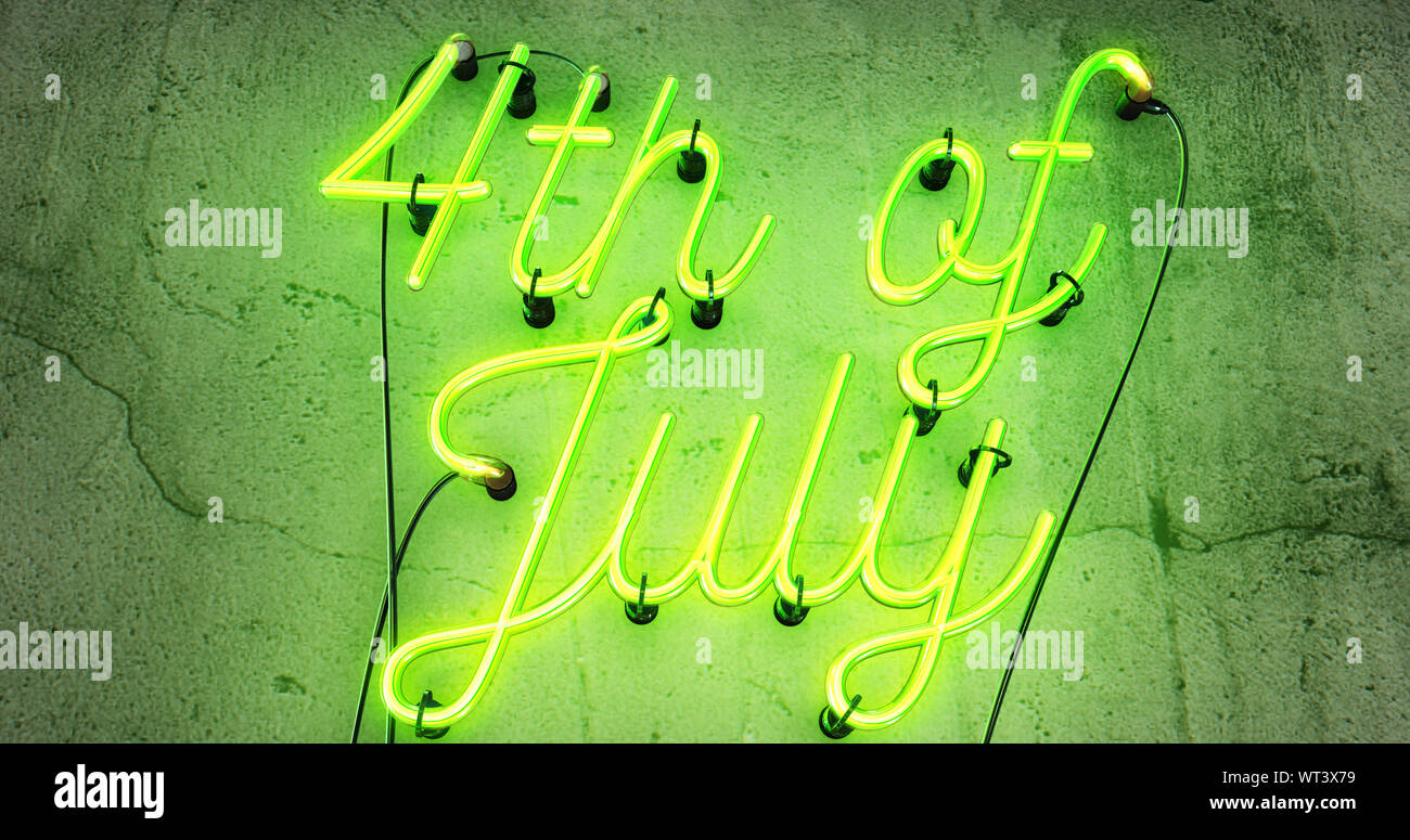 4th of July Independence Day bright green neon sign on a grey concrete background wall Stock Photo