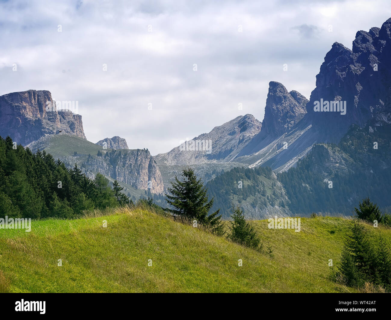 View of the Dolomite mountains from Selva Val di Gardena in Alto Adige. Dolomites behind. No people. Stock Photo
