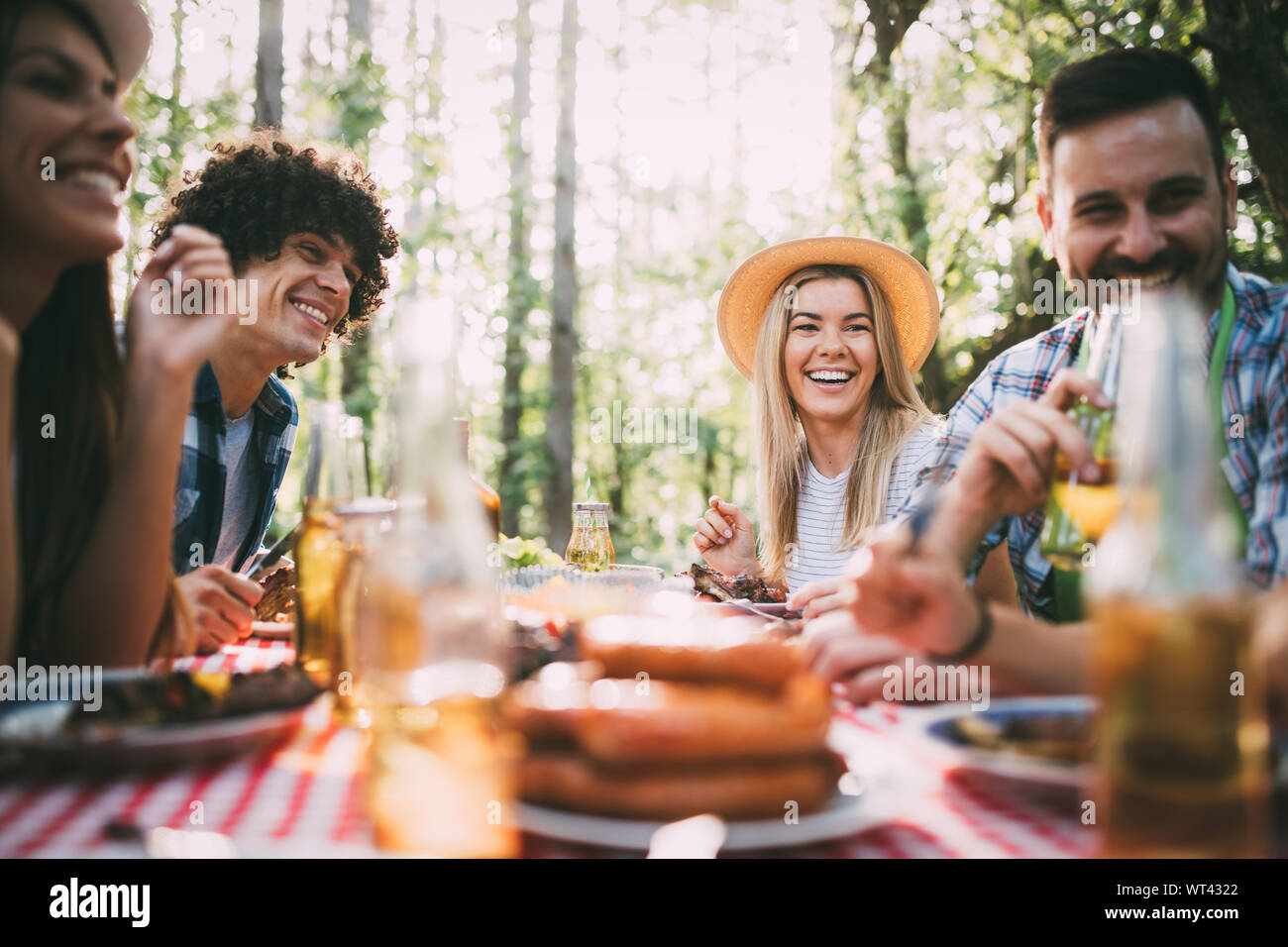 Group of friends having barbecue party in nature Stock Photo - Alamy