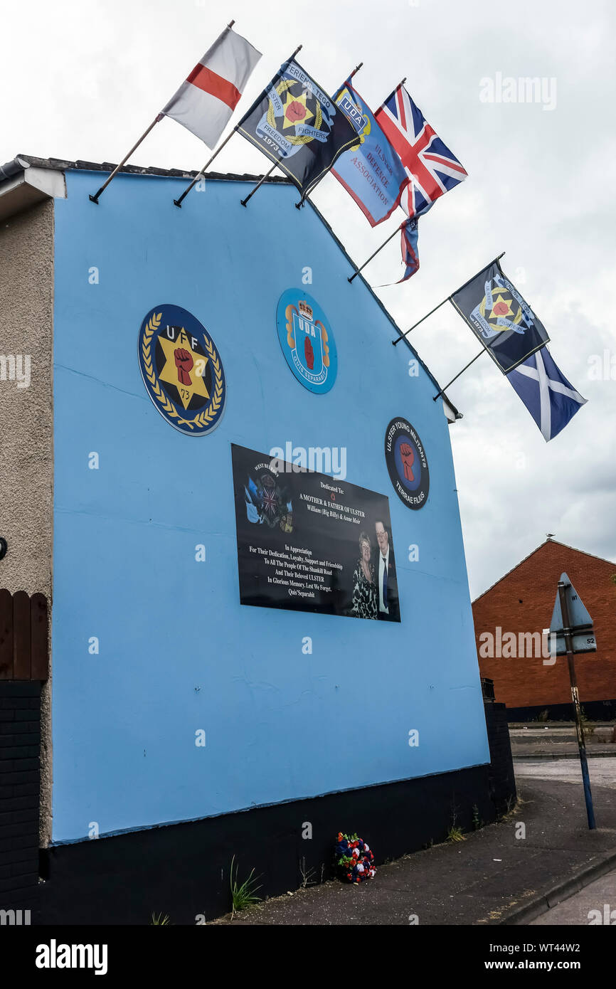 Political murals from the Ulster defence union. Belfast, Ulster, Northern Ireland, United Kingdom, UK, Europe. Stock Photo
