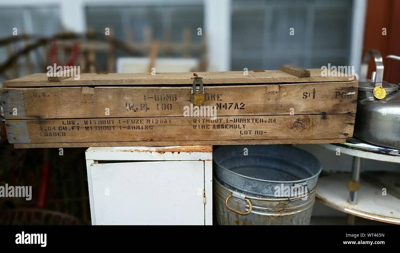 Military Wooden Ammo Box At Flea Market Stock Photo