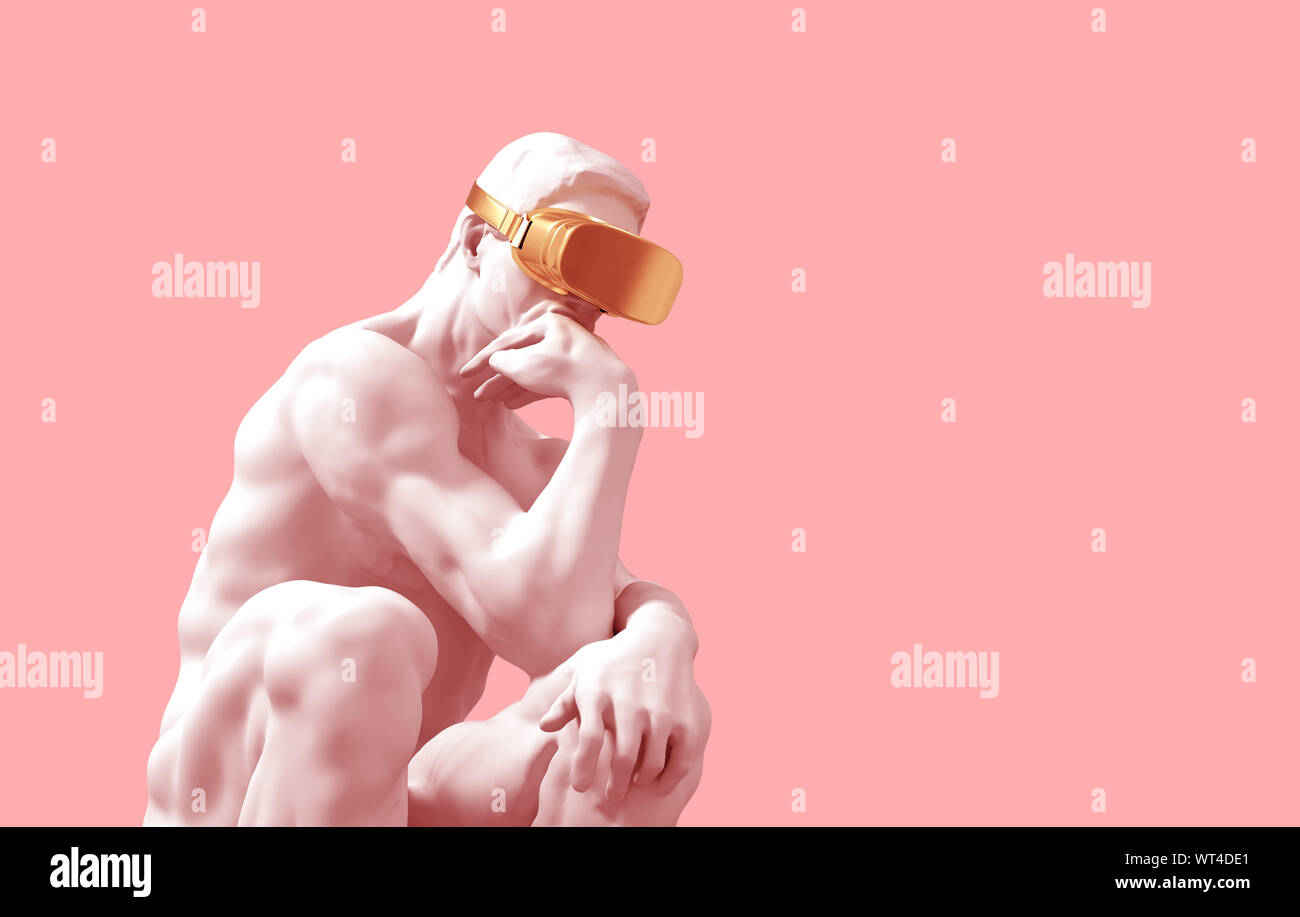 Sculpture Thinker With Golden VR Glasses Over Pink Background. 3D Illustration. Stock Photo