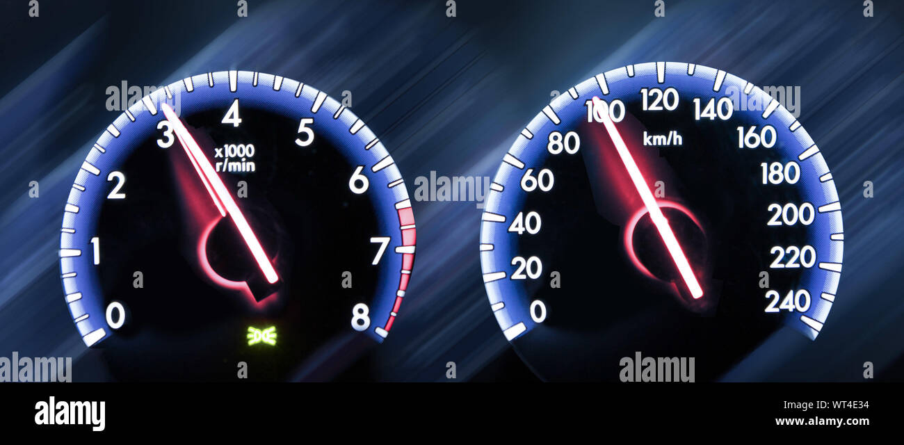 Digital Composite Image Of Illuminated Speedometers Stock Photo