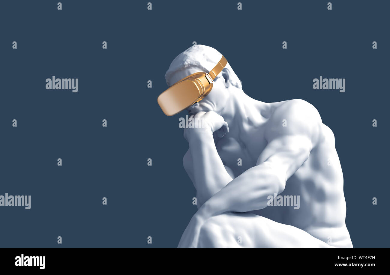 Thinker With Golden VR Glasses Over Blue Background. 3D Illustration. Stock Photo