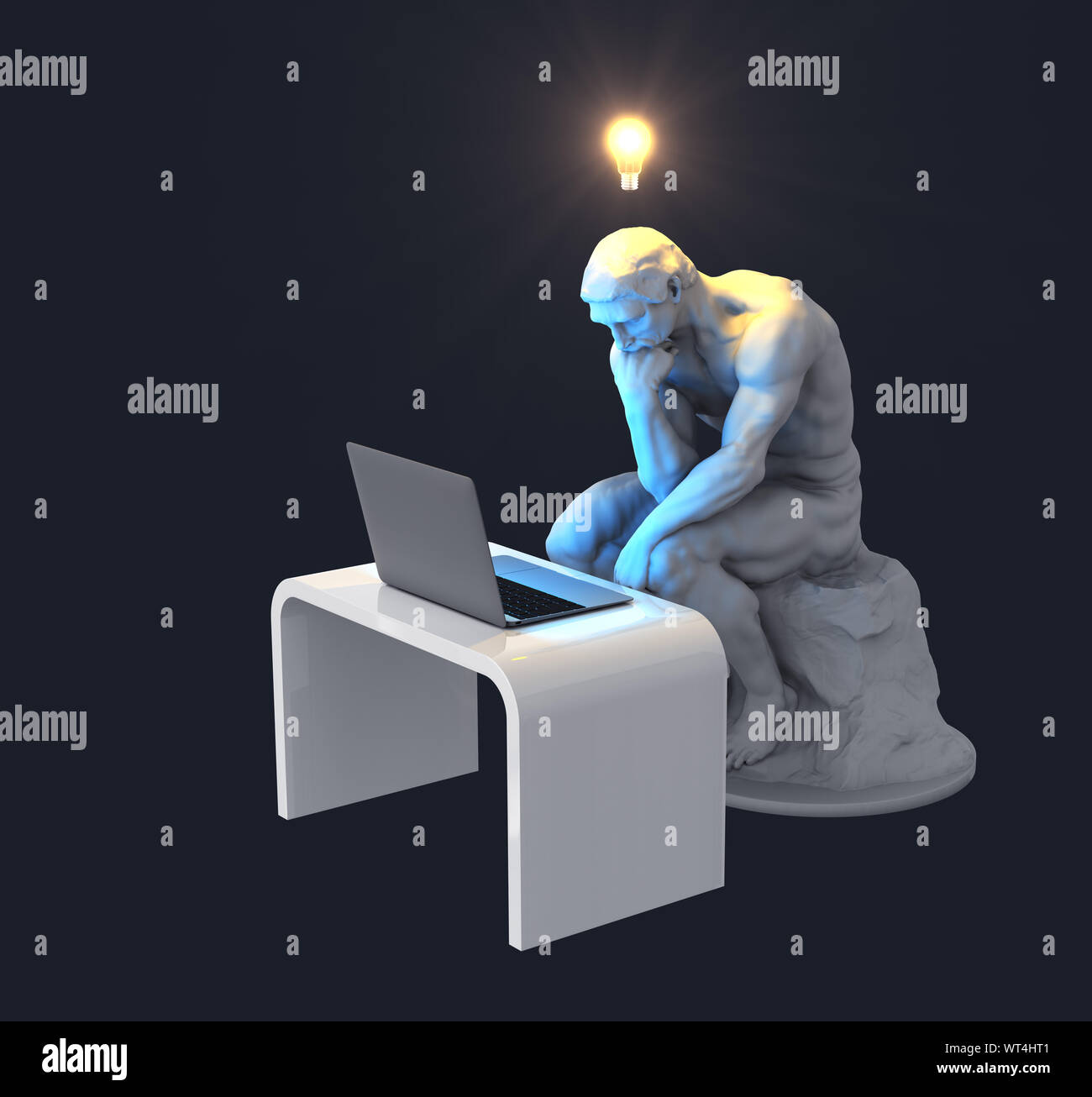 Sculpture Thinker With Laptop And Glowing Light Bulb Over His Head As Symbol Of New Idea. 3D Illustration. Stock Photo
