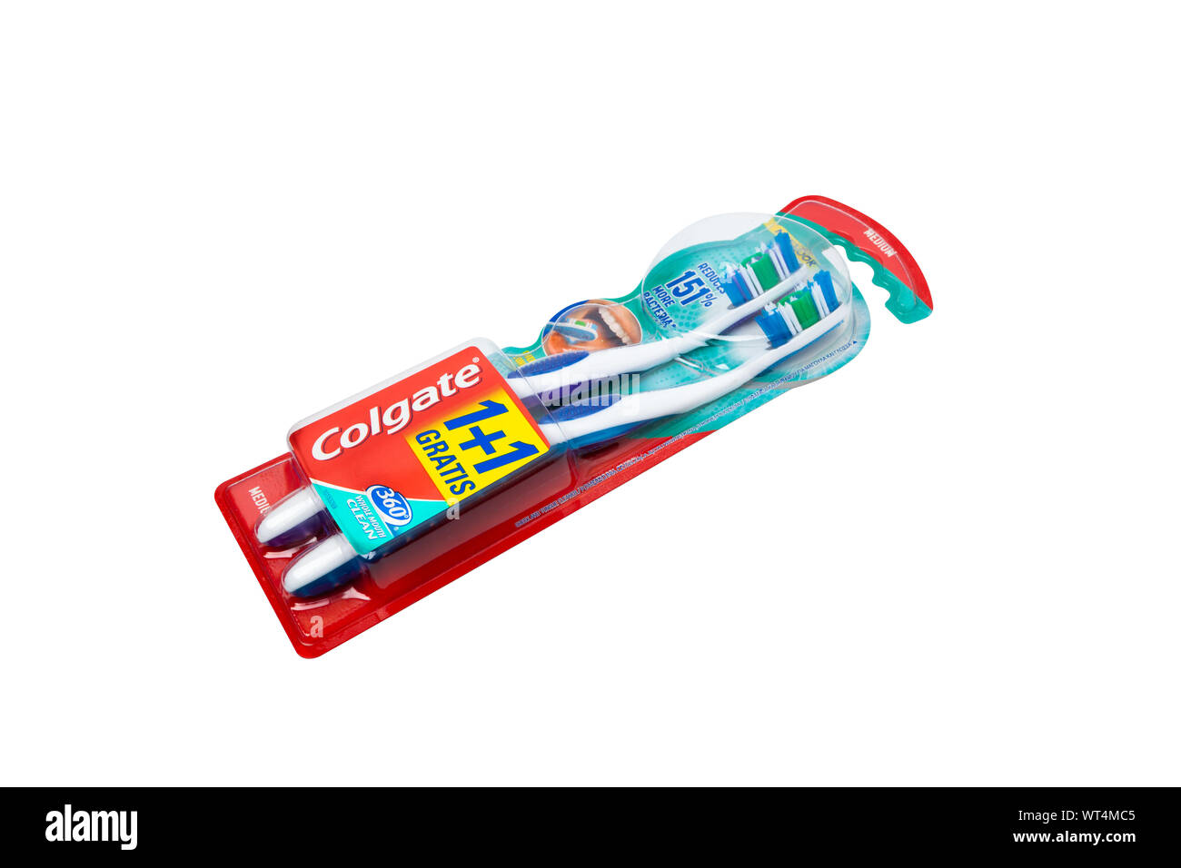 CHISINAU, MOLDOVA - September 9, 2019: Colcgate tooth brush oral and dental care trusted brand. Two items in one package isolated on white. With clipp Stock Photo