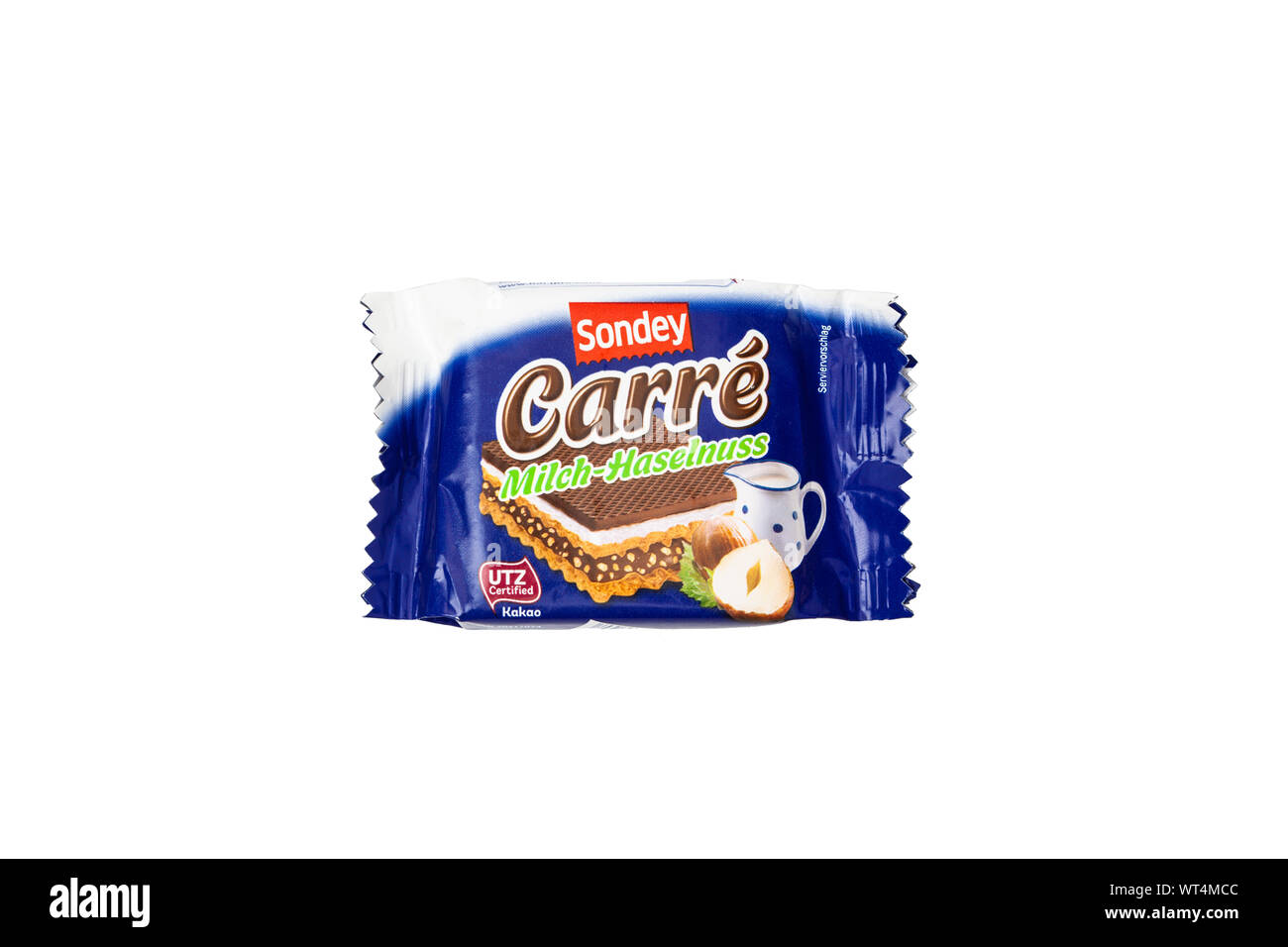 CHISINAU, MOLDOVA - September 9, 2019: SONDEY Carré Waffles milk-hazelnut. Is a popular European manufacturer of sweets, desserts and cookies. Stock Photo