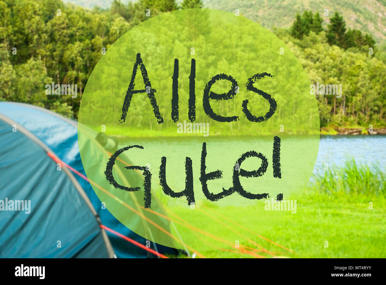 Lake Camping, Alles Gute Means Best Wishes Stock Photo