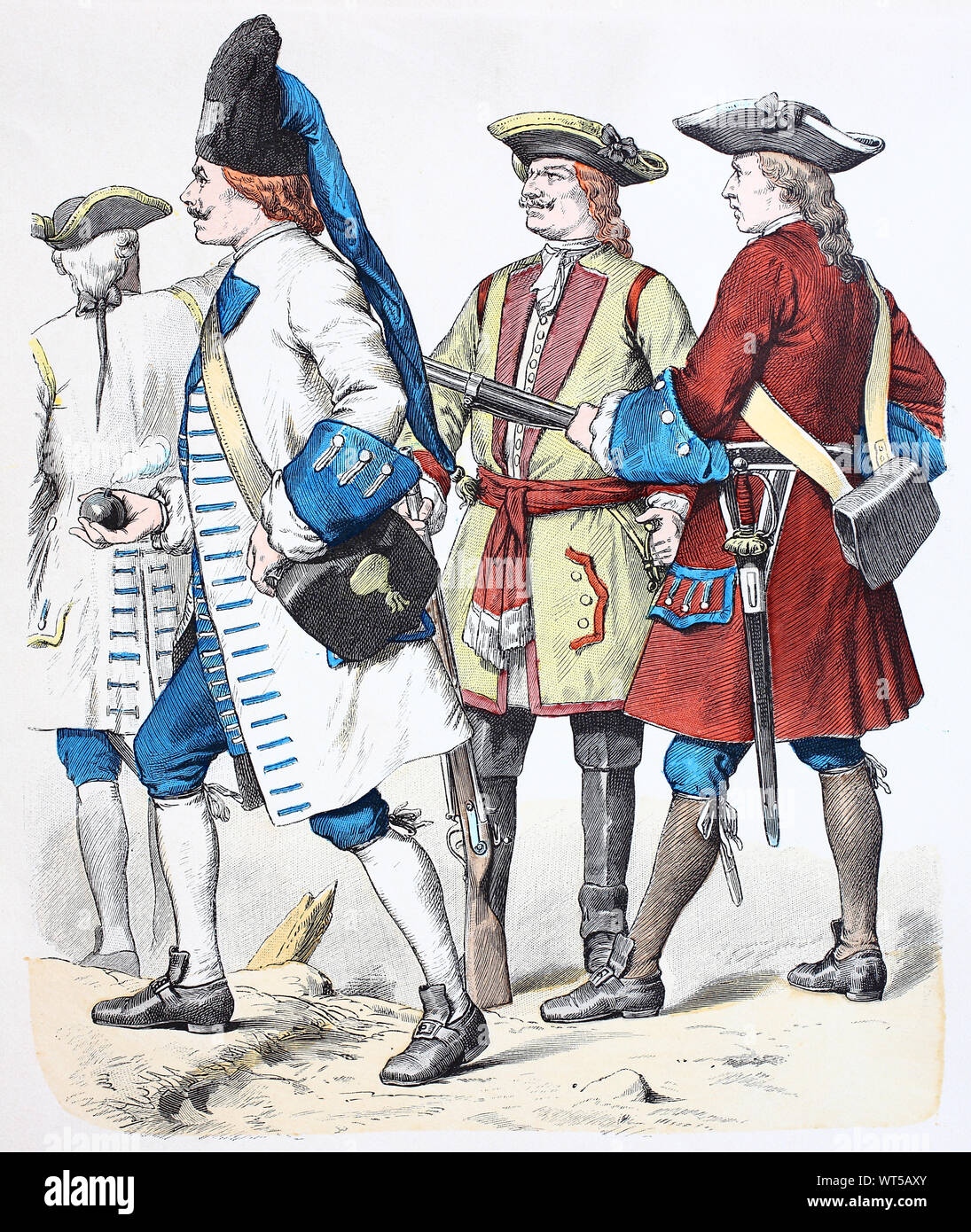 National costume, clothes, history of the costumes, officer of the grenadiers, grenadier, Dragoon, infantry, archiepiscopal Konstanzer the military, military uniform from Germany, in 1738, Volkstracht, Kleidung, Geschichte der Kostüme, Offizier der Grenadiere, Grenadier, Dragoner, Infanterie, Erzbischöfliches Konstanzer Militär, Militäruniform aus Deutschland, 1738 Stock Photo