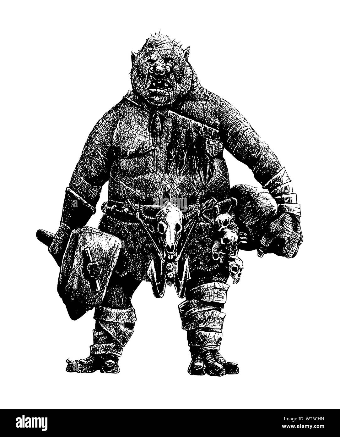 Giant troll with hammer. Fantasy silhouette drawing. Cannibal on the hunt. Stock Photo