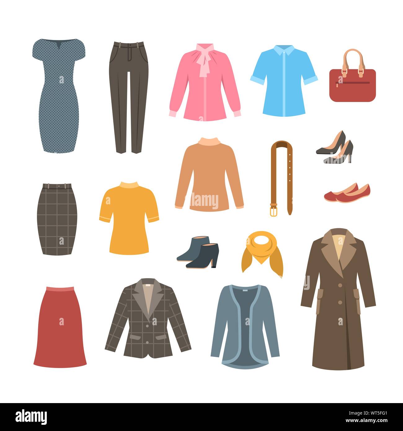 Business woman basic clothes and shoes set. Vector flat illustration ...